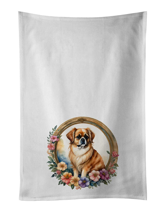 Tibetan Spaniel and Flowers Kitchen Towel Set of 2 White Dish Towels Decorative Bathroom Hand towel for Hand, Face, Hair, Yoga, Tea, Dishcloth, 19 X 28", White