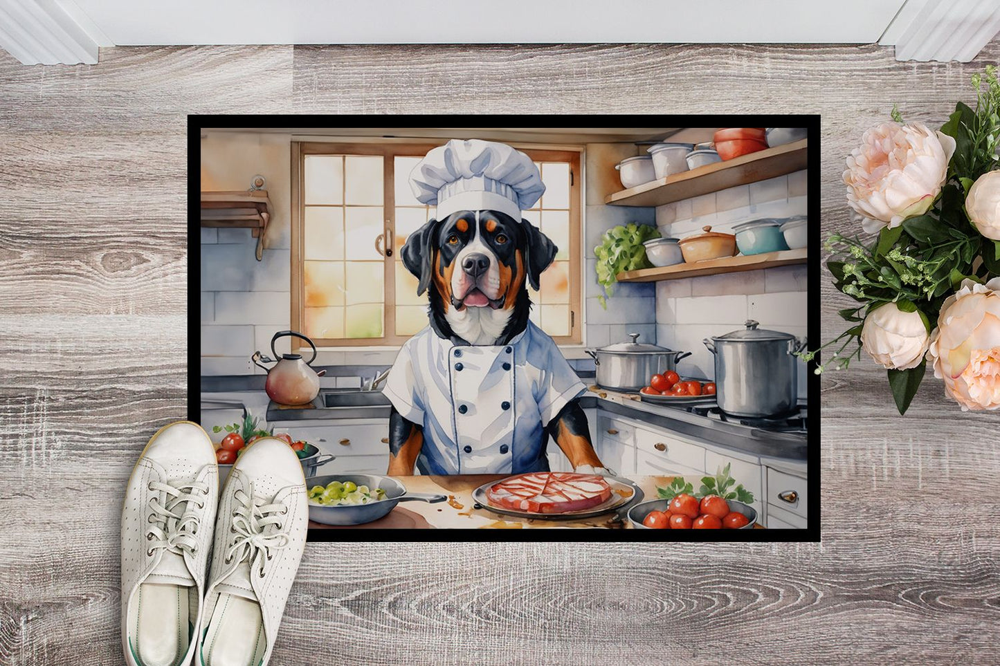 Greater Swiss Mountain Dog The Chef Doormat Front Door Mat Indoor Outdoor Rugs for Entryway, Non Slip Washable Low Pile, 24H X 36W