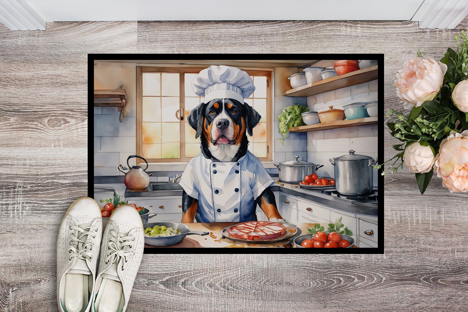 Greater Swiss Mountain Dog The Chef Doormat Front Door Mat Indoor Outdoor Rugs for Entryway, Non Slip Washable Low Pile, 24H X 36W