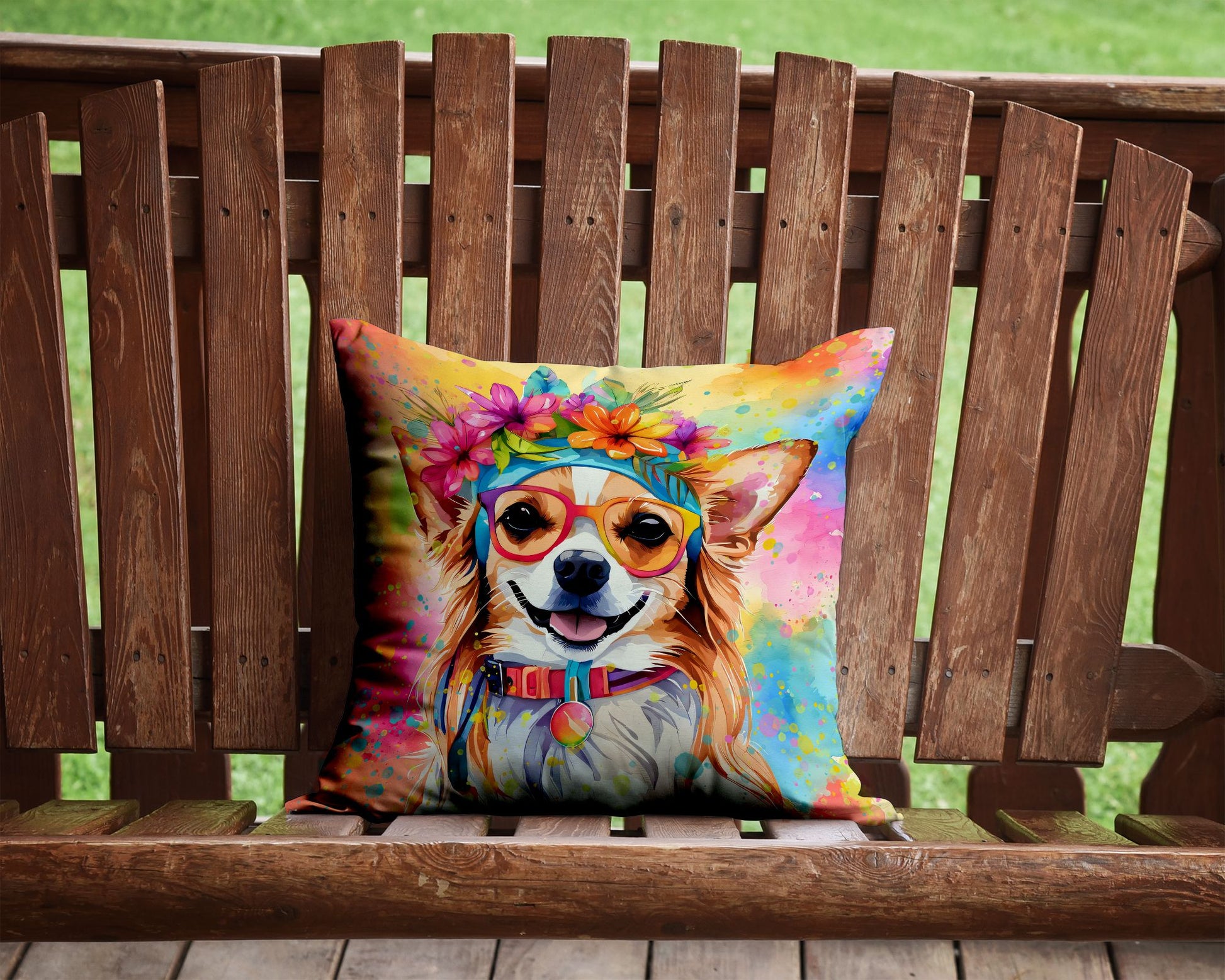 Chihuahua Hippie Dawg Throw Pillow Machine Washable, Indoor Outdoor Decorative Pillow for Couch, Bed or Patio, 14Hx14W