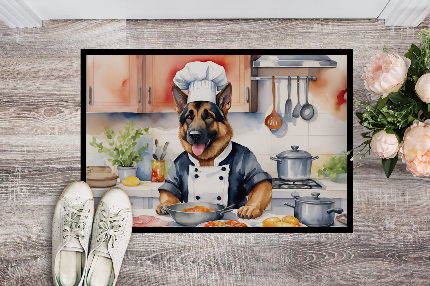 German Shepherd The Chef Doormat Front Door Mat Indoor Outdoor Rugs for Entryway, Non Slip Washable Low Pile, 24H X 36W