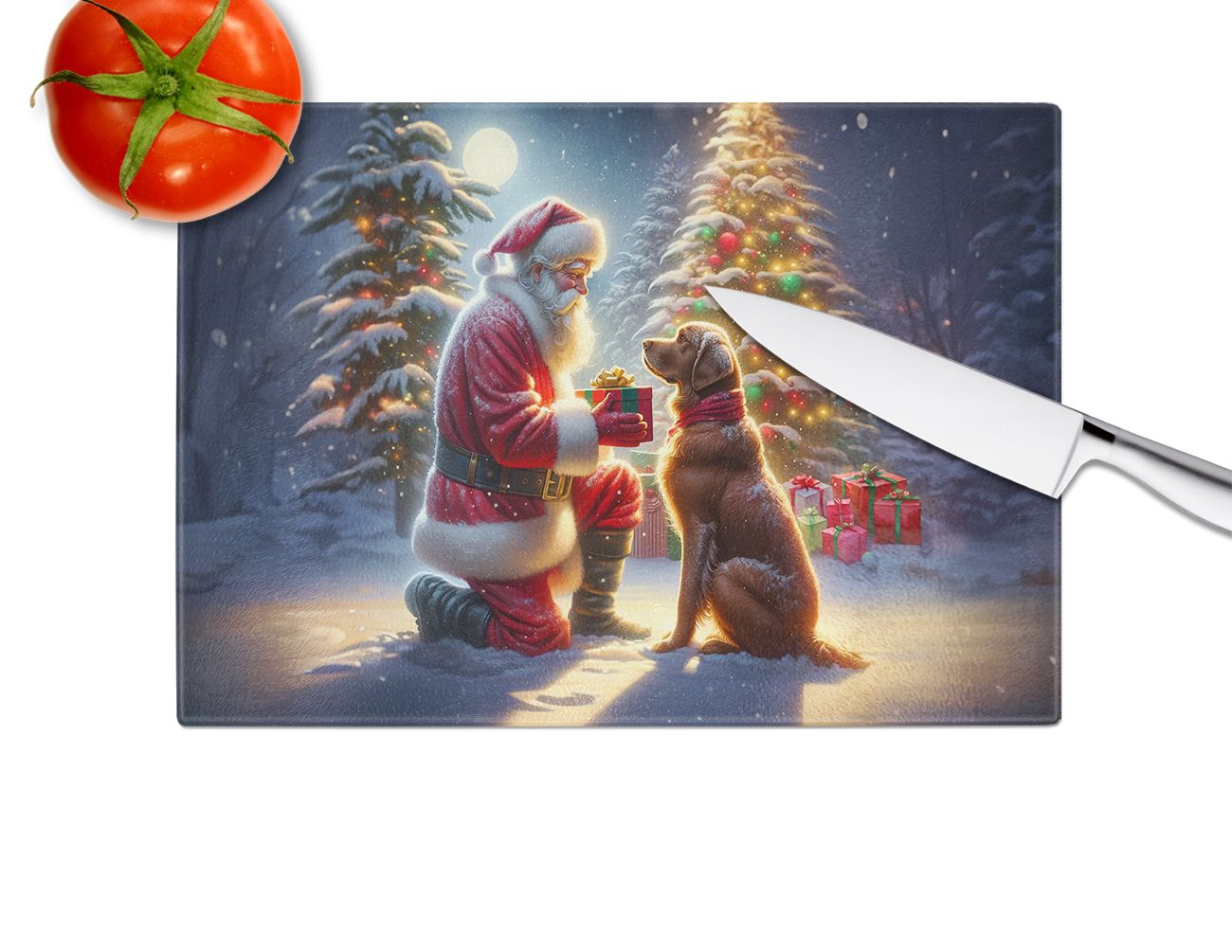 Chesapeake Bay Retriever and Santa Claus Glass Cutting Board Decorative Tempered Glass Kitchen Cutting and Serving Board Large Size Chopping Board