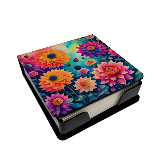 Colorful Dahlias PU Leather Note Paper Holder with Artist-Designed Cover, Desk Accessory, Office Gift