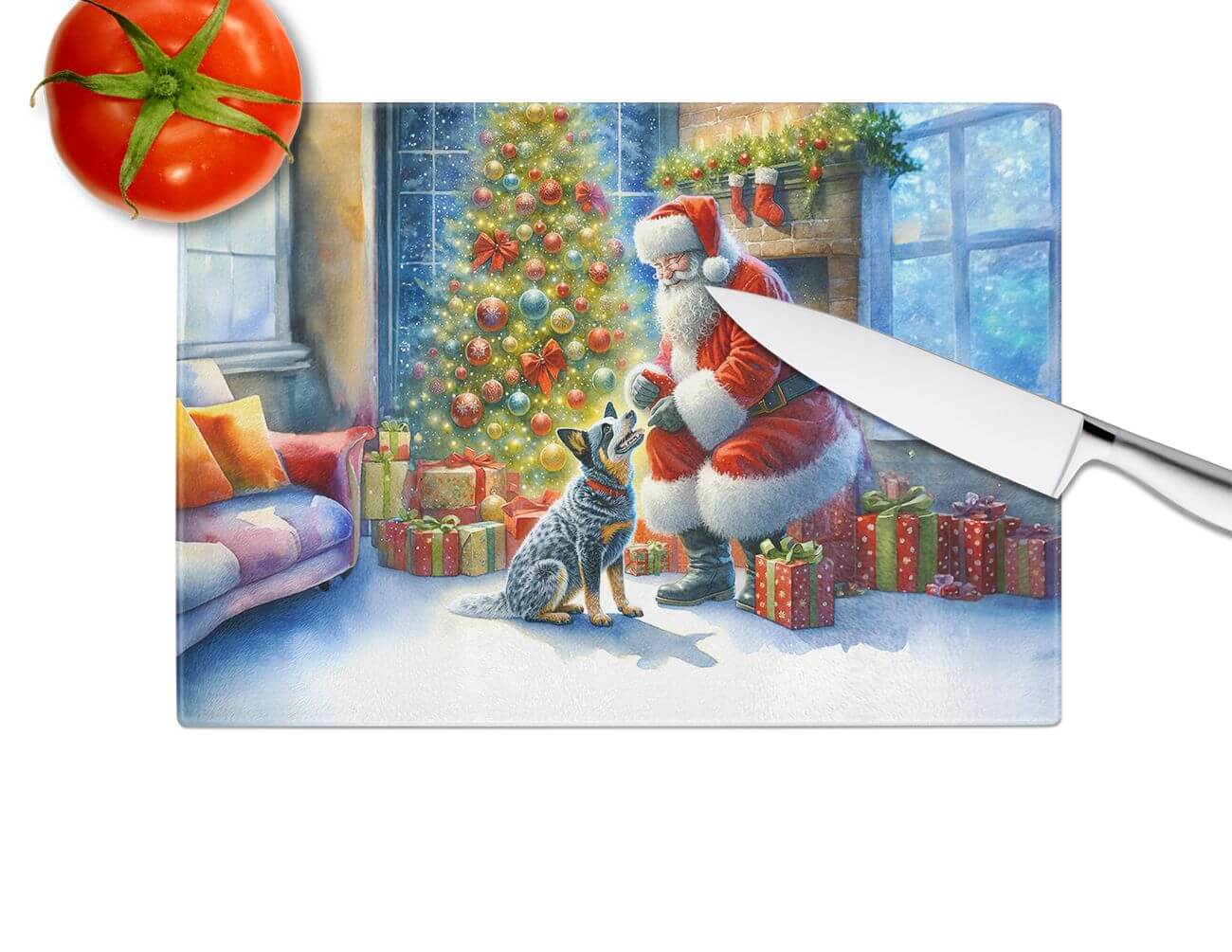 Australian Cattle Dog and Santa Claus Glass Cutting Board Decorative Tempered Glass Kitchen Cutting and Serving Board Large Size Chopping Board