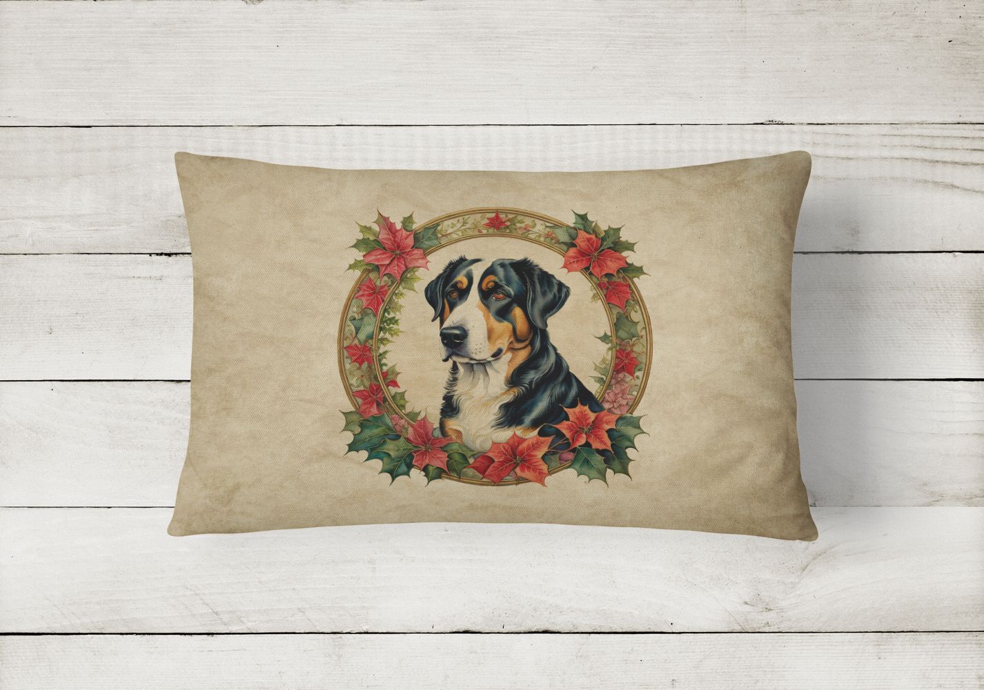 Christmas Flowers Frame Throw Pillow Throw Pillow for Indoor Couch Bed Outdoor Patio Washable, Greater Swiss Mountain Dog 2373,12Hx16W
