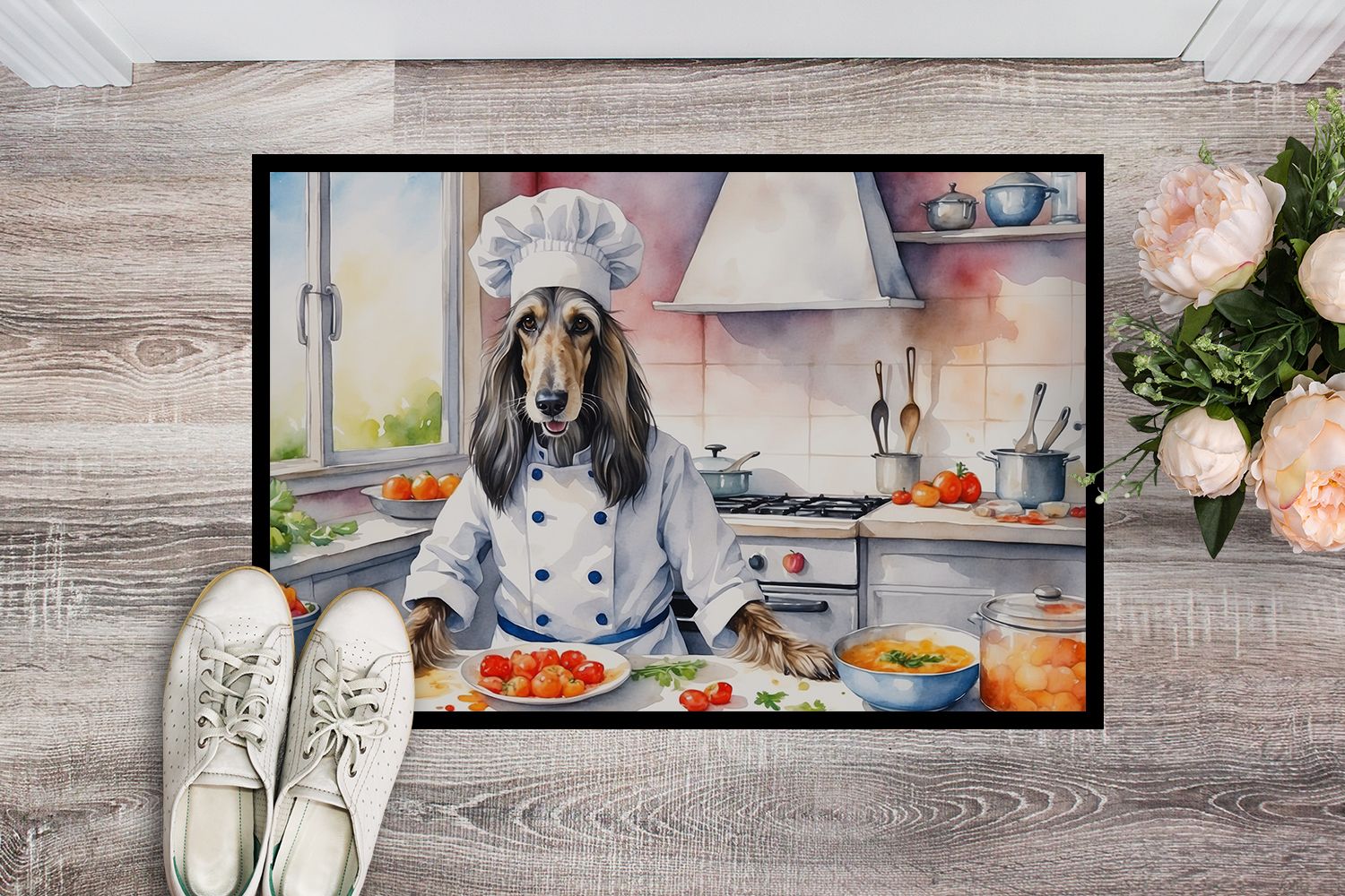 Afghan Hound The Chef Doormat Front Door Mat Indoor Outdoor Rugs for Entryway, Non Slip Washable Low Pile, 24H X 36W