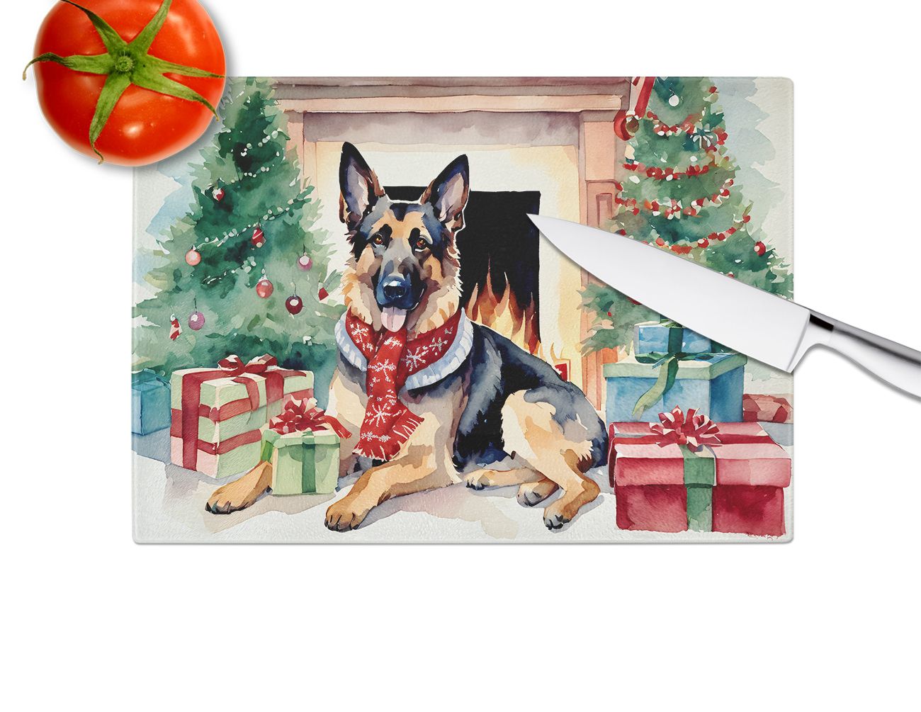 NEW German Shepherd Cozy Christmas Glass Cutting Board Decorative Tempered Glass Kitchen Cutting and Serving Board Large Size Chopping Board