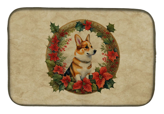 Corgi Christmas Flowers Dish Drying Mat Absorbent Dish Drying Mat Pad for Kitchen Counter Dish Drainer Mat for Countertop, 14 x 21", Multicolor