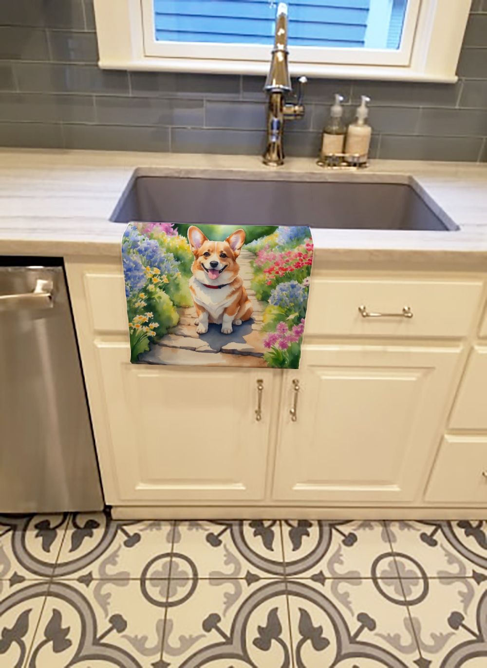 Corgi Spring Path Kitchen Towel Dish Cloths Guest Hand Towel Decorative Bathroom Towel for Face,Tea, Dishcloth, Kitchen and Bath