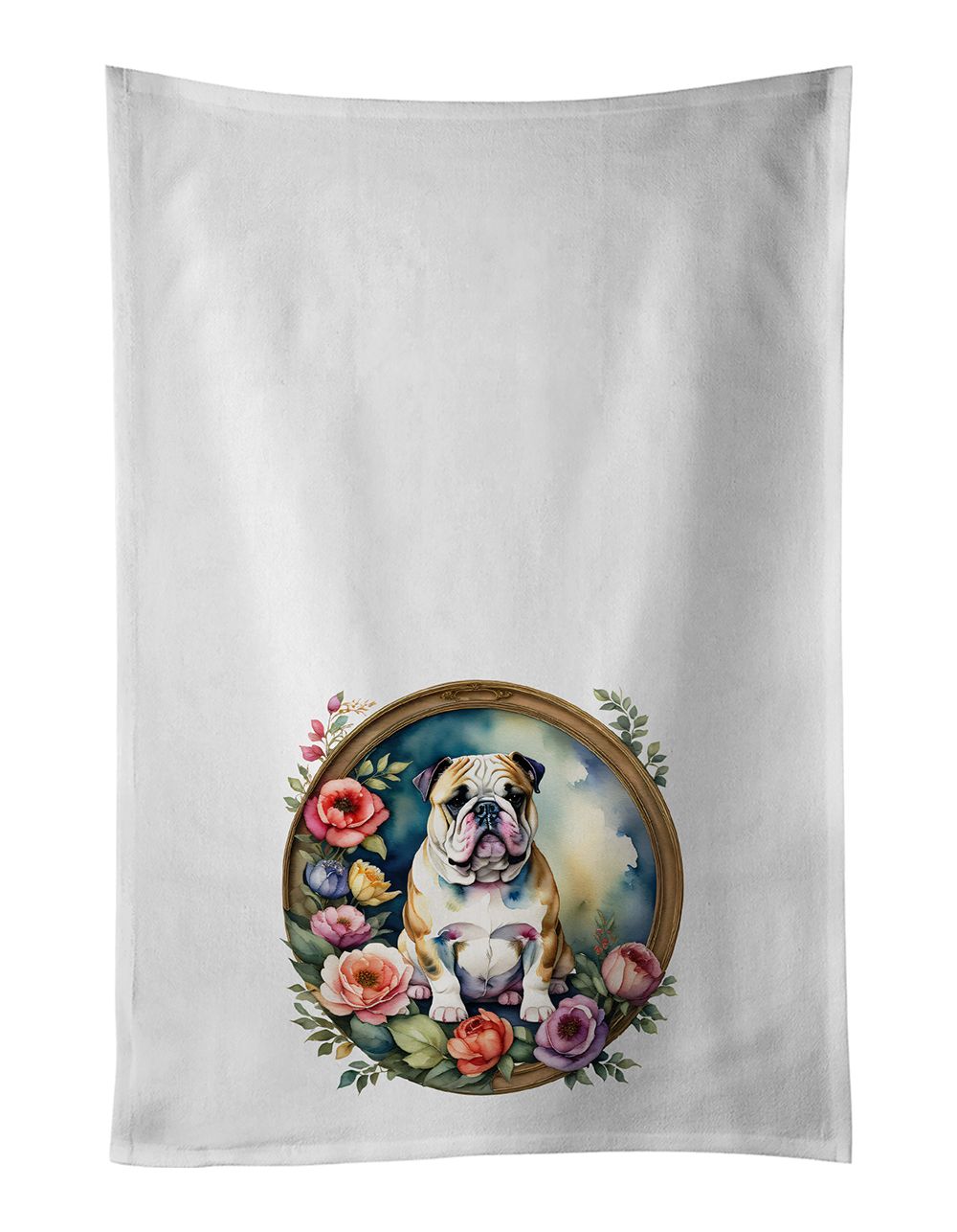 English Bulldog and Flowers Kitchen Towel Set of 2 White Dish Towels Decorative Bathroom Hand towel for Hand, Face, Hair, Yoga, Tea, Dishcloth, 19 X 28", White