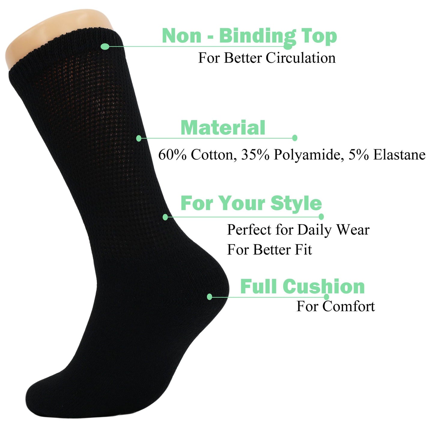 Diabetic Crew Socks Non-Binding Cotton Crew Diabetes Socks 6 Pairs