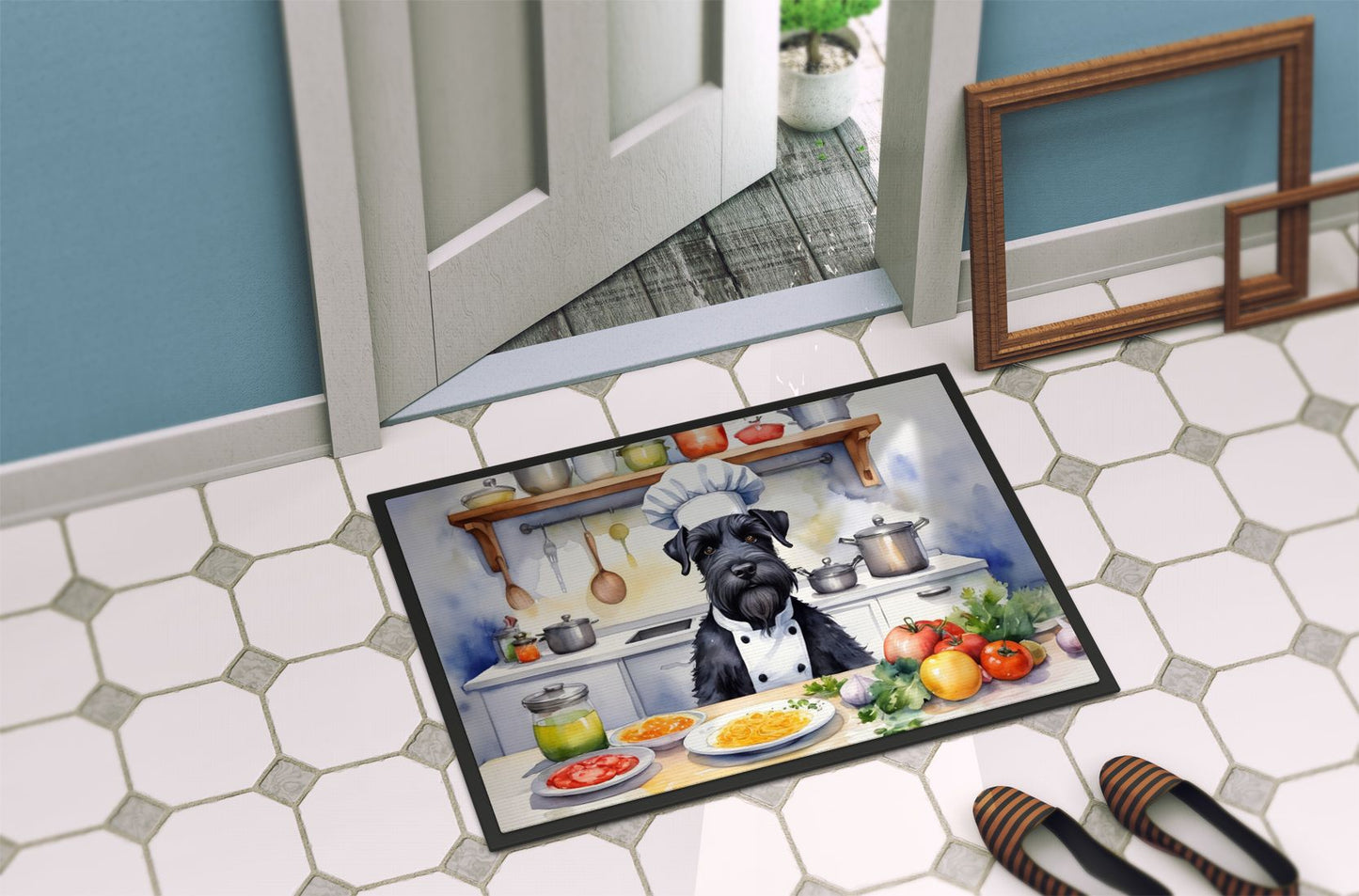 Giant Schnauzer The Chef Doormat Front Door Mat Indoor Outdoor Rugs for Entryway, Non Slip Washable Low Pile, 24H X 36W