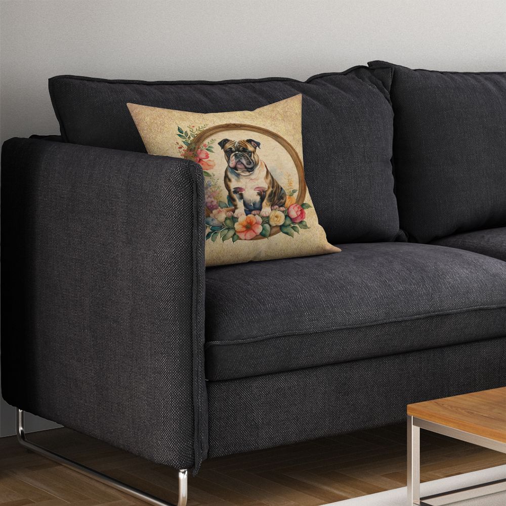English Bulldog and Flowers Throw Pillow Machine Washable, Indoor Outdoor Decorative Pillow for Couch, Bed or Patio, 14Hx14W