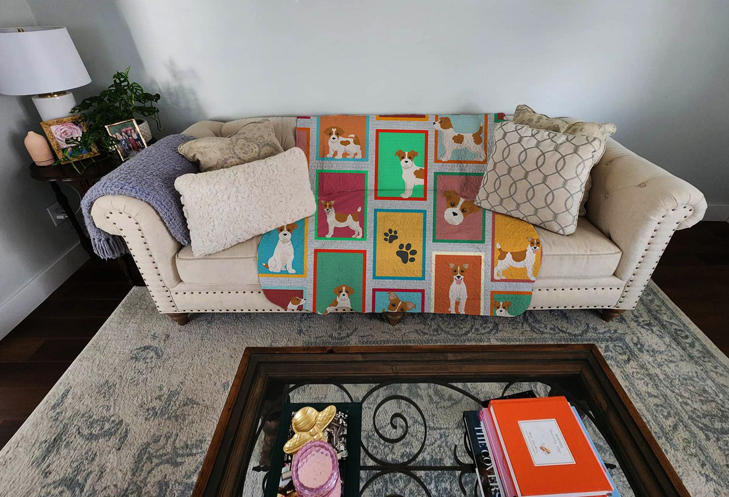 Lots of Red and White Jack Russell Terrier Quilted Blanket 50x60 Artwork Pattern Quilted Throw Blanket for Bed, Couch, Sofa, Soft and Lightweight