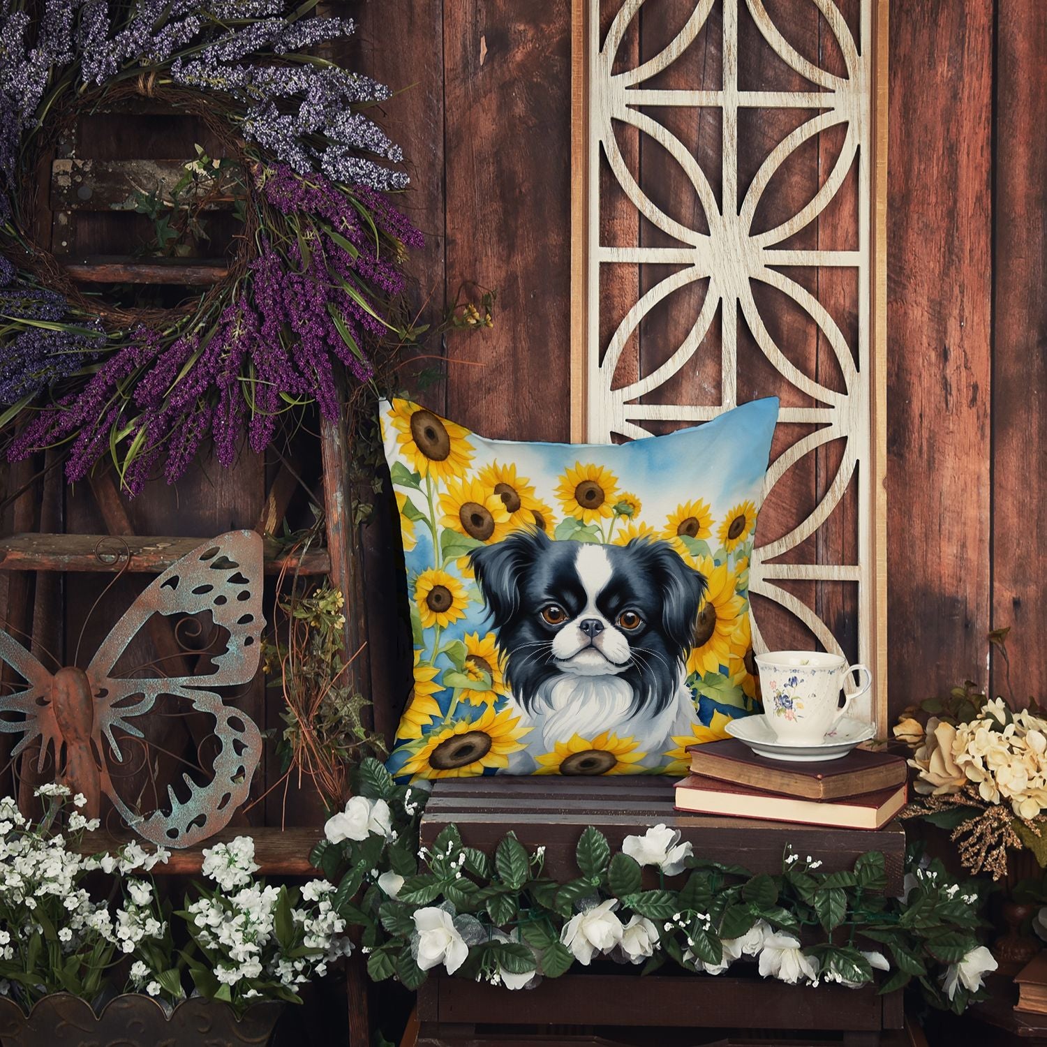 Japanese Chin in Sunflowers Throw Pillow Machine Washable, Indoor Outdoor Decorative Pillow for Couch, Bed or Patio, 14Hx14W