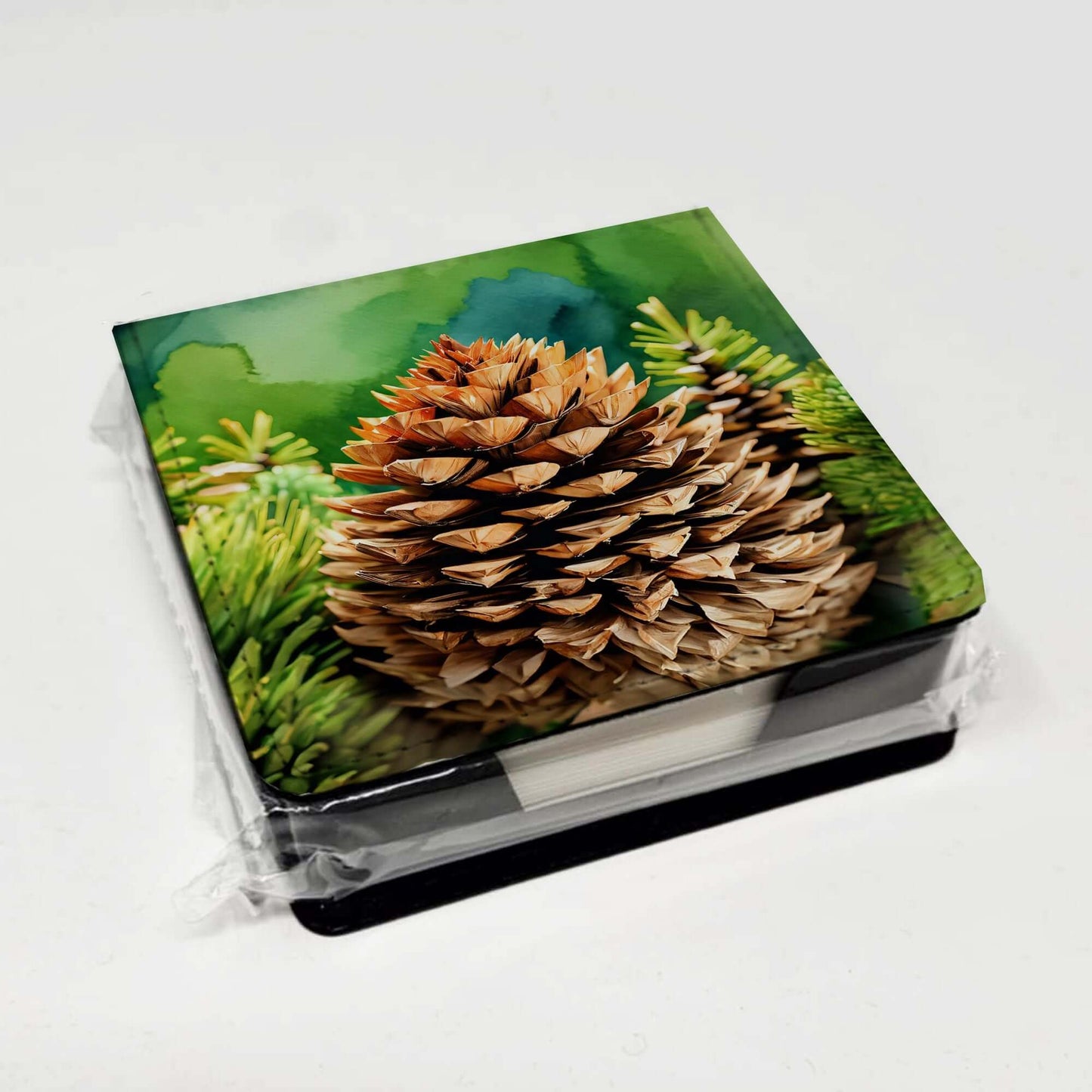 Maine White Pine Cone and Tassels in Watercolor PU Leather Note Paper Holder with Artist-Designed Cover, Desk Accessory, Office Gift