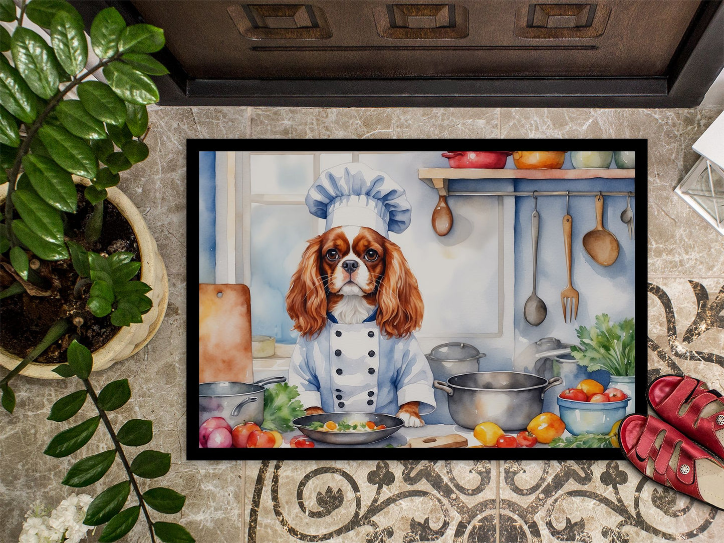 Cavalier Spaniel The Chef Doormat Front Door Mat Indoor Outdoor Rugs for Entryway, Non Slip Washable Low Pile, 24H X 36W