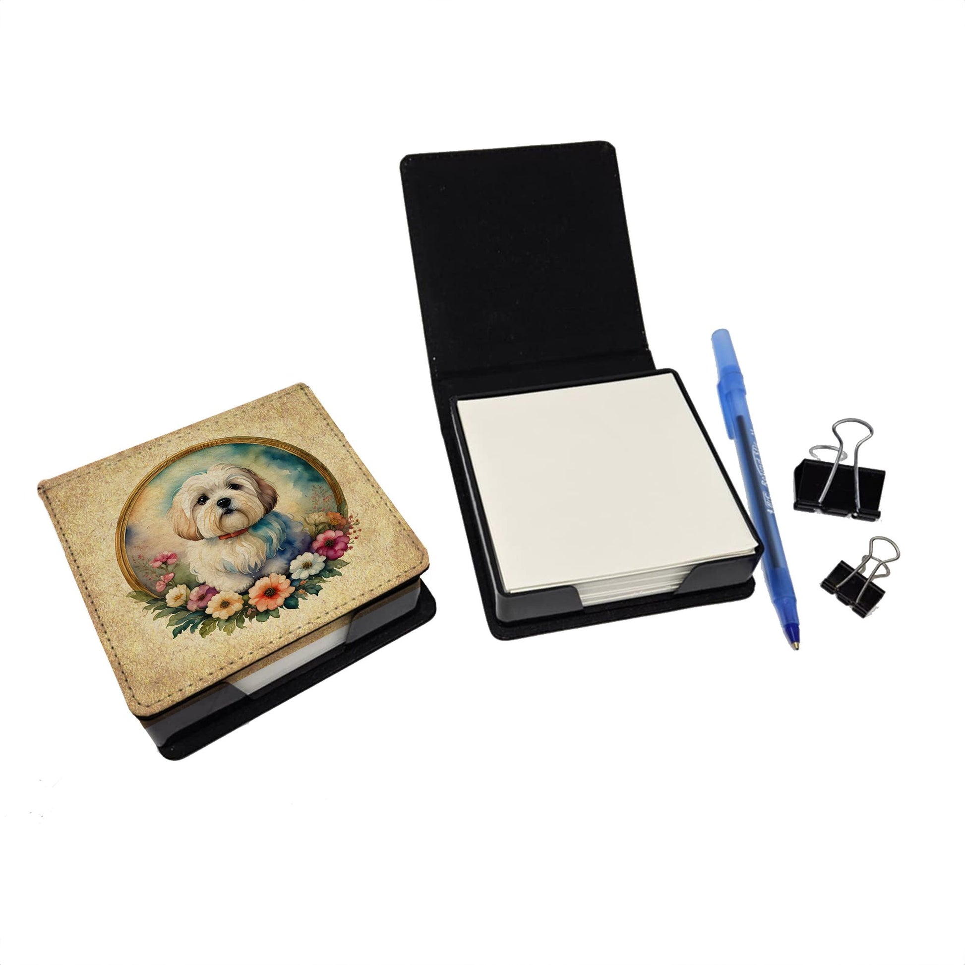 Coton De Tulear and Flowers PU Leather Note Paper Holder with Artist-Designed Cover, Desk Accessory, Office Gift