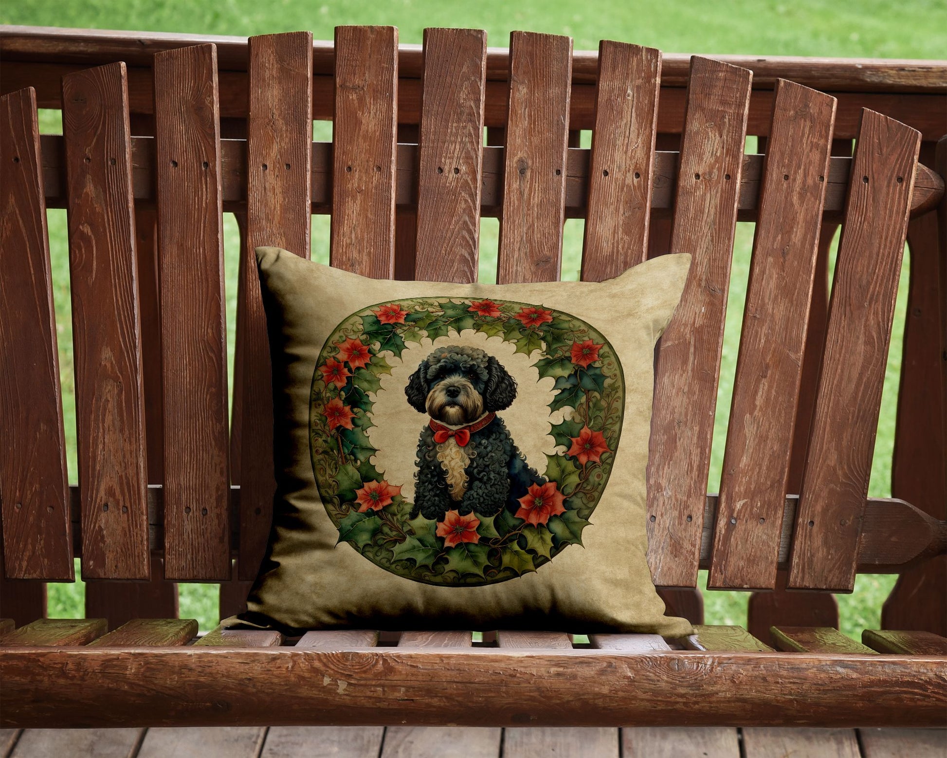 Portuguese Water Dog Christmas Flowers Throw Pillow Machine Washable, Indoor Outdoor Decorative Pillow for Couch, Bed or Patio, 14Hx14W