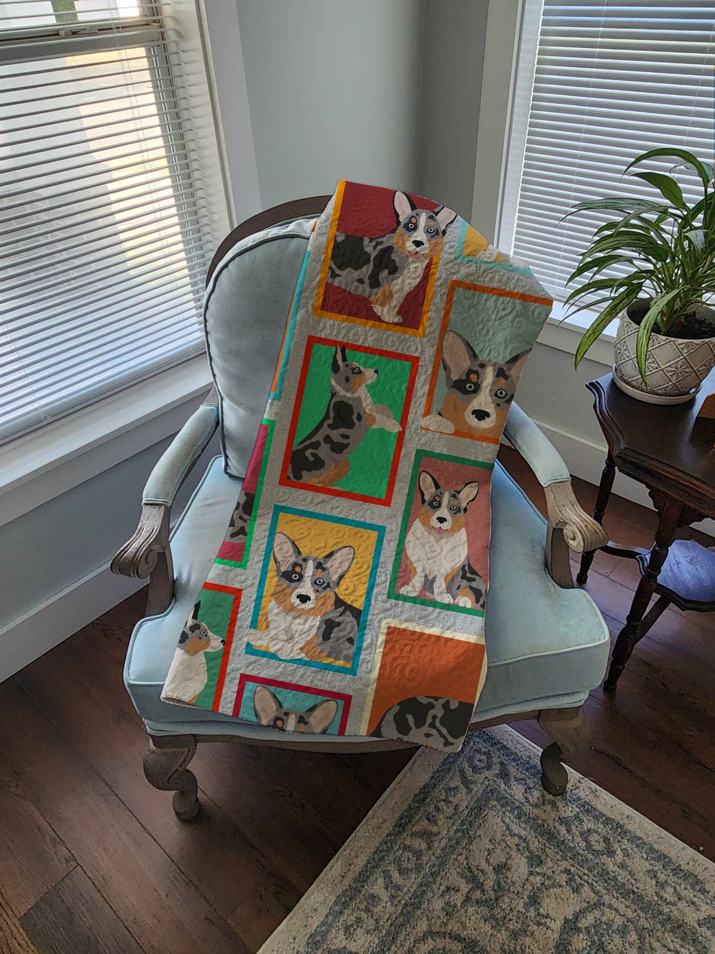 Lots of Blue Merle Welsh Cardigan Corgi Quilted Blanket 50x60 Artwork Pattern Quilted Throw Blanket for Bed, Couch, Sofa, Soft and Lightweight