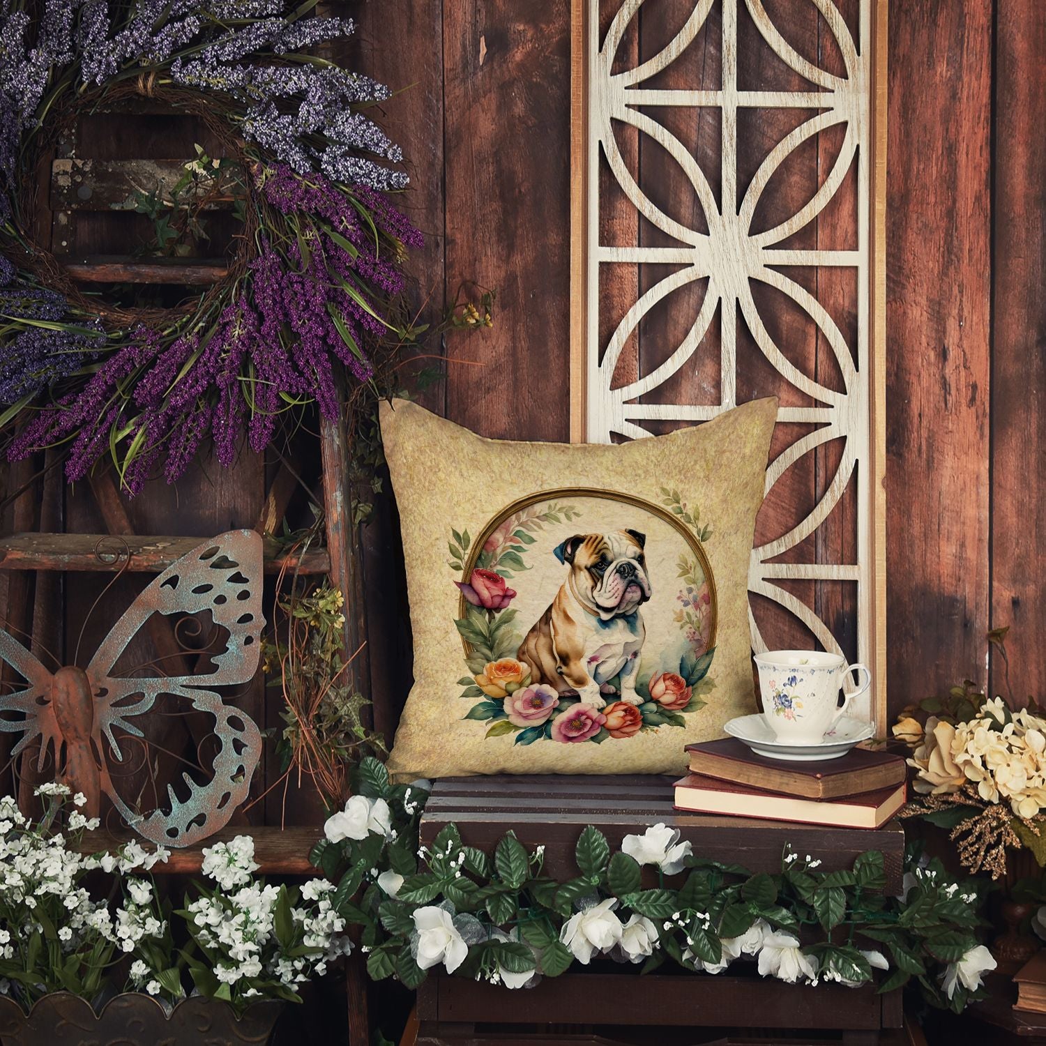 English Bulldog and Flowers Throw Pillow Machine Washable, Indoor Outdoor Decorative Pillow for Couch, Bed or Patio, 14Hx14W