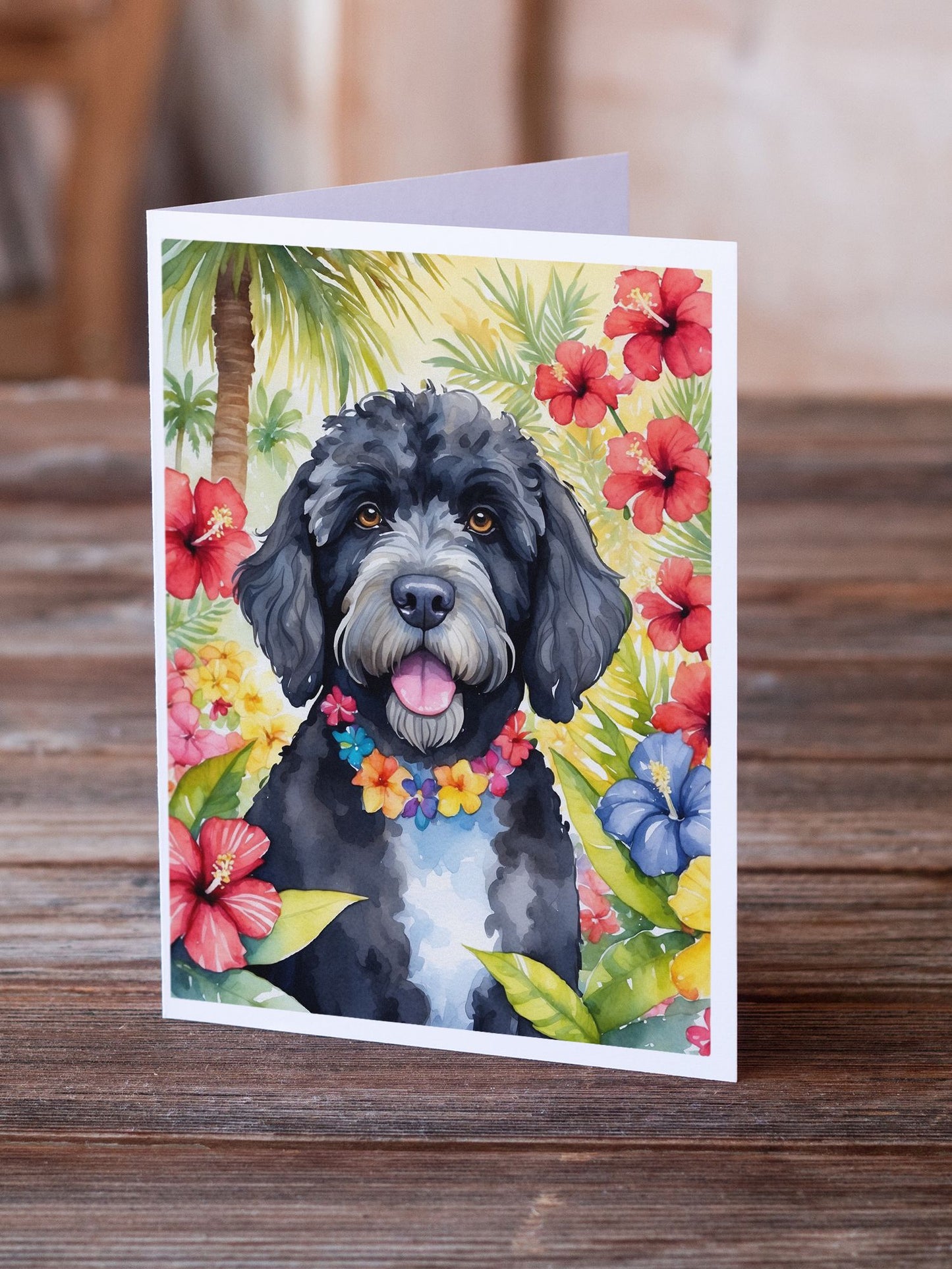 Portuguese Water Dog Luau Greeting Cards Pack of 8 Blank Cards with Envelopes Whimsical A7 Size 5x7 Blank Note Cards