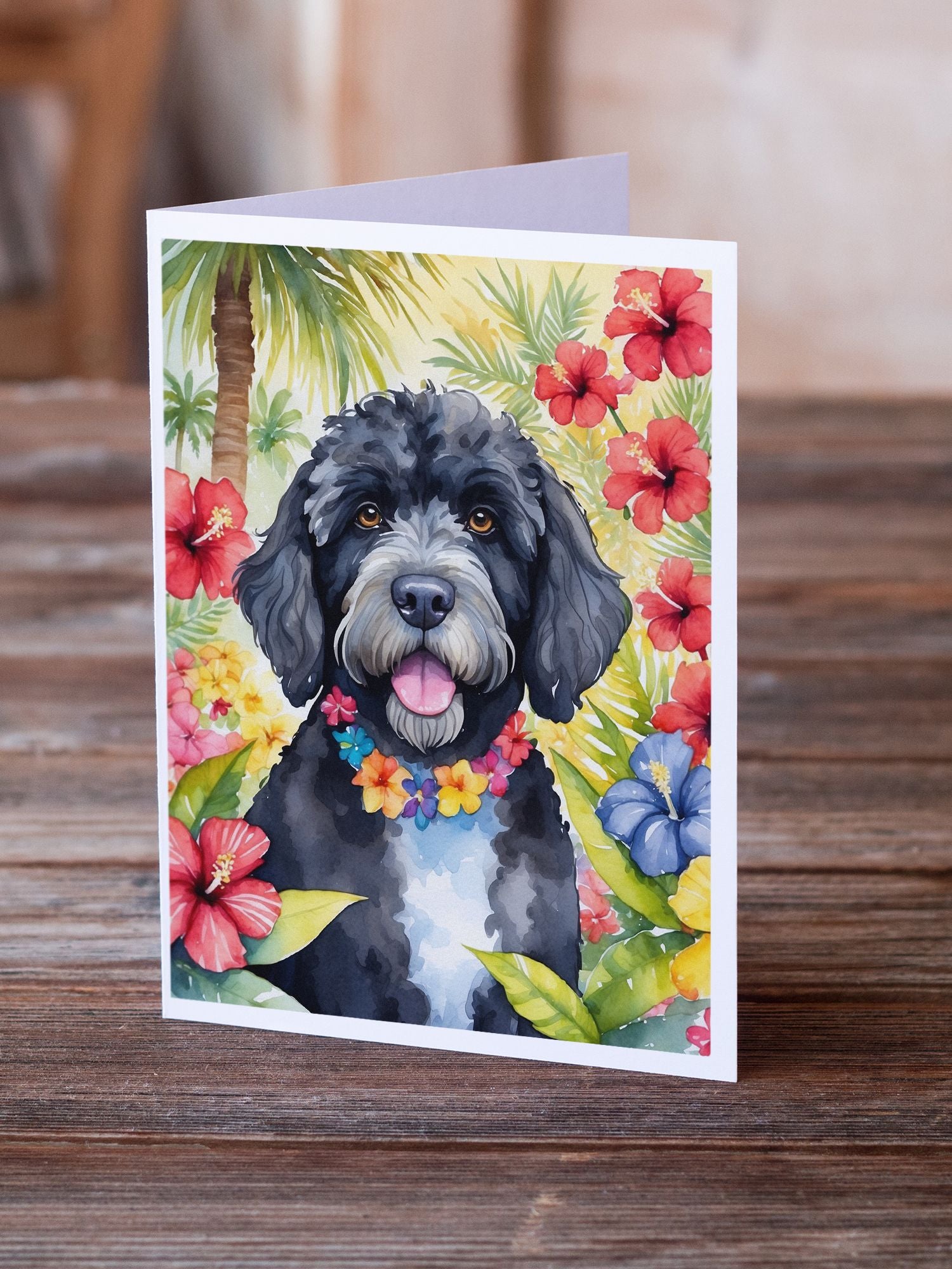 Portuguese Water Dog Luau Greeting Cards Pack of 8 Blank Cards with Envelopes Whimsical A7 Size 5x7 Blank Note Cards