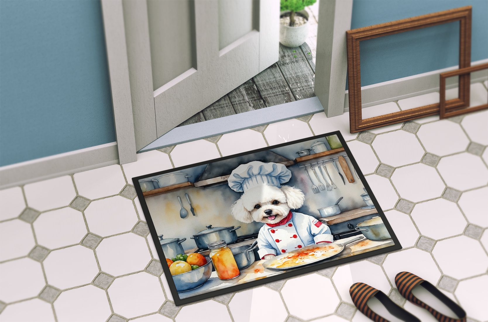Bichon Frise The Chef Doormat Front Door Mat Indoor Outdoor Rugs for Entryway, Non Slip Washable Low Pile, 24H X 36W