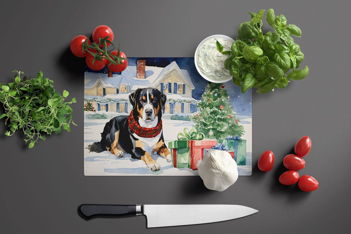 NEW Entlebucher Mountain Dog Cozy Christmas Glass Cutting Board Decorative Tempered Glass Kitchen Cutting and Serving Board Large Size Chopping Board