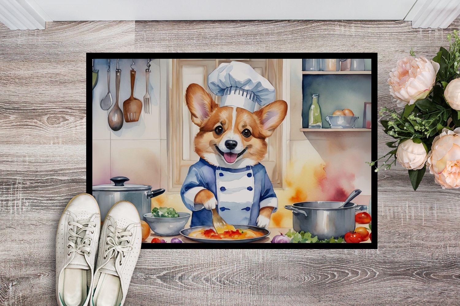 NEW Corgi The Chef Doormat Front Door Mat Indoor Outdoor Rugs for Entryway, Non Slip Washable Low Pile, 18H X 27W