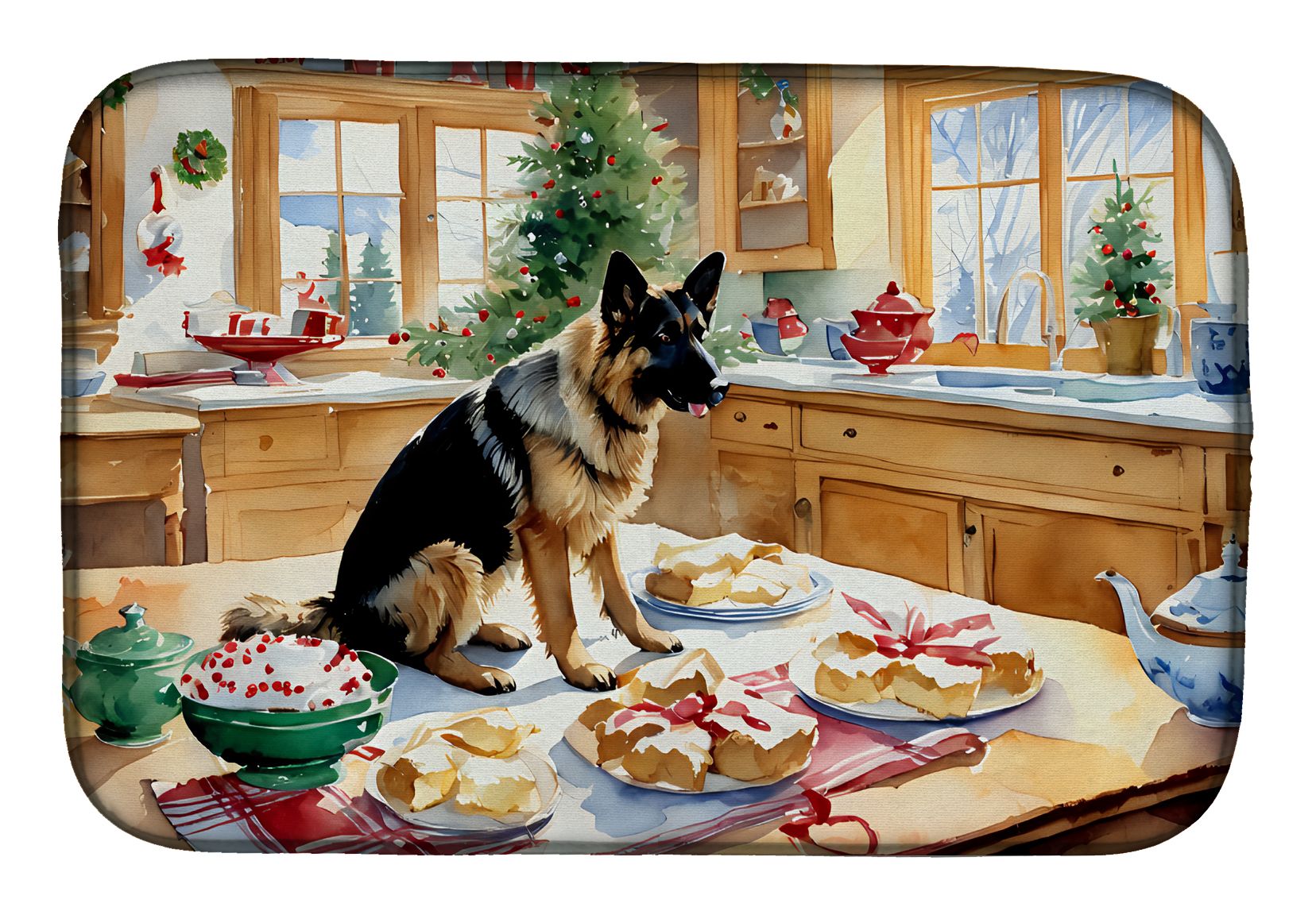 German Shepherd Christmas Cookies Dish Drying Mat Absorbent Dish Drying Mat Pad for Kitchen Counter Dish Drainer Mat for Countertop, 14 x 21", Multicolor