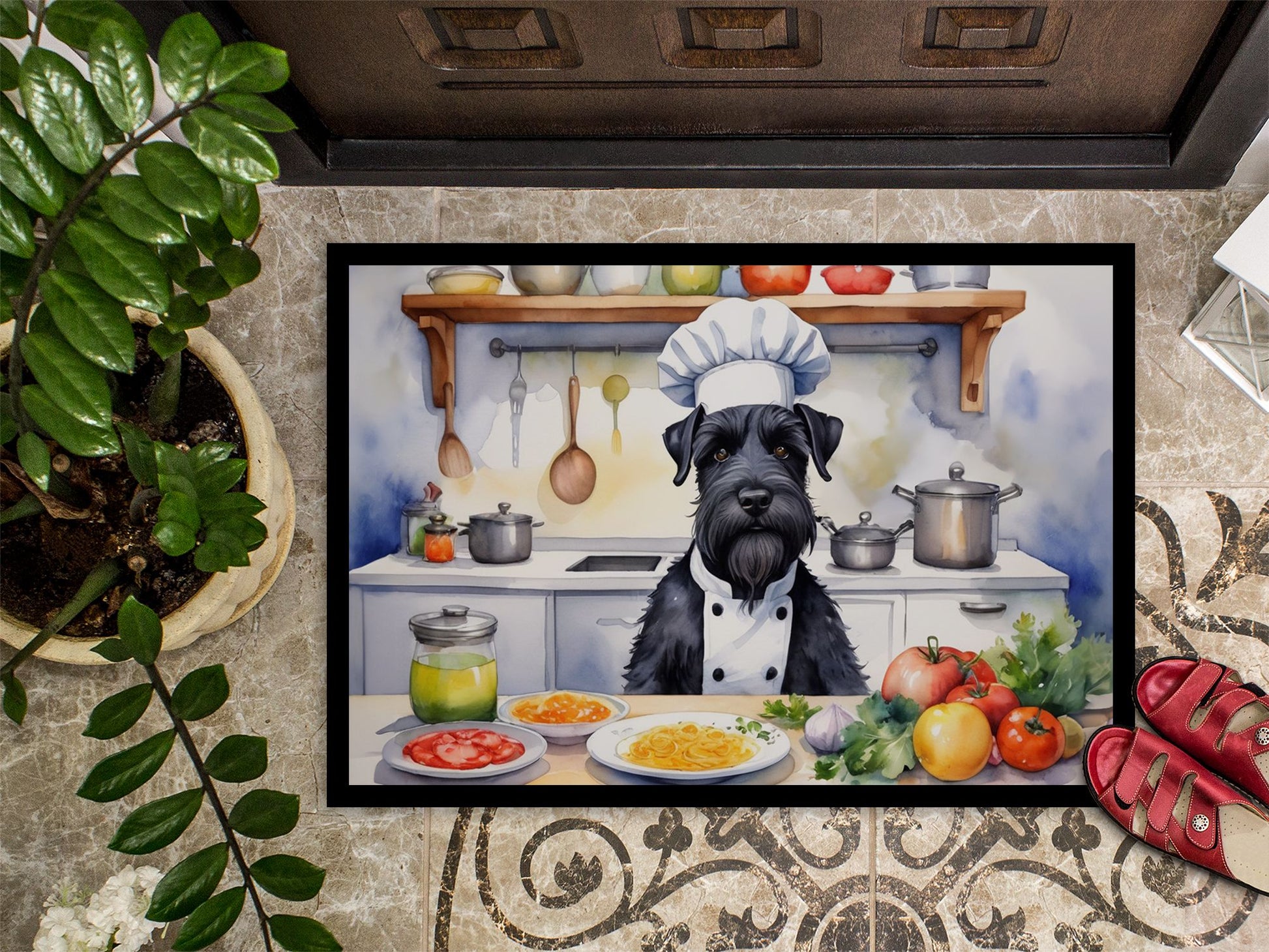Giant Schnauzer The Chef Doormat Front Door Mat Indoor Outdoor Rugs for Entryway, Non Slip Washable Low Pile, 24H X 36W