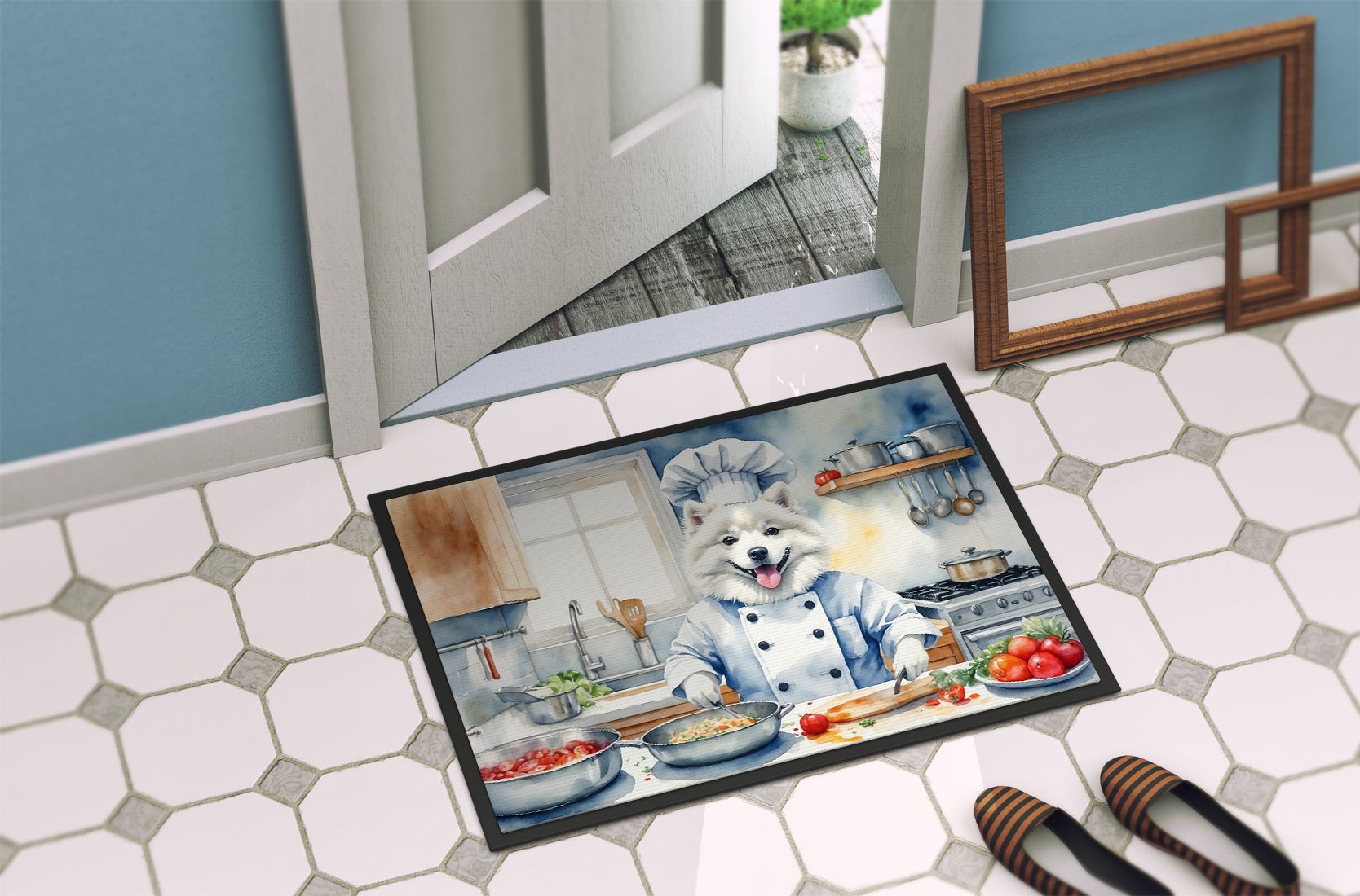 American Eskimo The Chef Doormat Front Door Mat Indoor Outdoor Rugs for Entryway, Non Slip Washable Low Pile, 24H X 36W