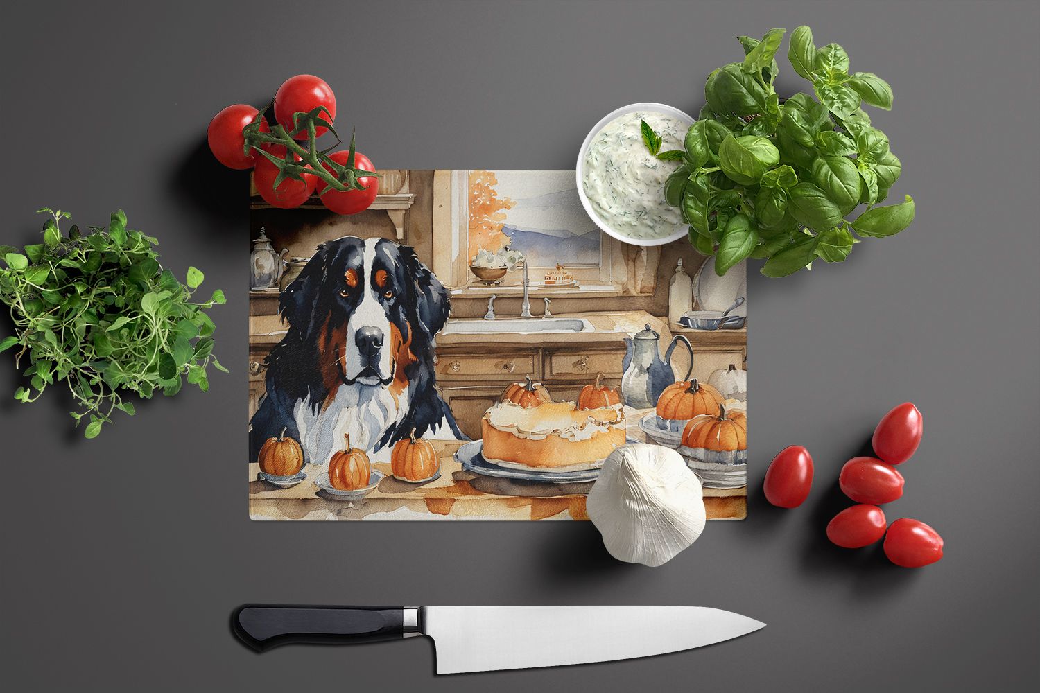 NEW Bernese Mountain Dog Fall Kitchen Pumpkins Glass Cutting Board Decorative Tempered Glass Kitchen Cutting and Serving Board Large Size Chopping Board