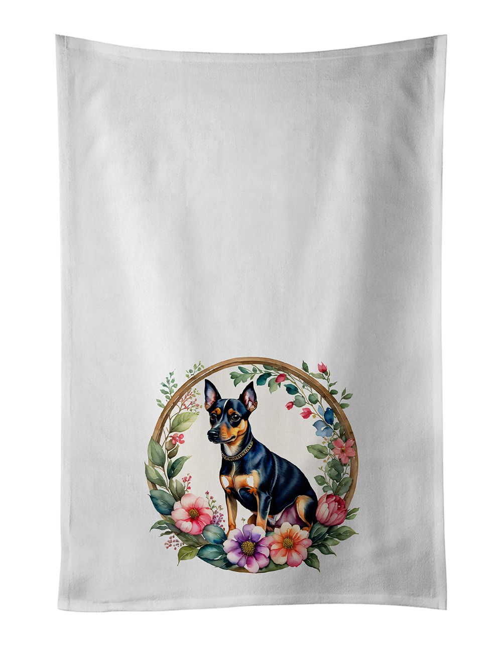 Miniature Pinscher and Flowers Kitchen Towel Set of 2 White Dish Towels Decorative Bathroom Hand towel for Hand, Face, Hair, Yoga, Tea, Dishcloth, 19 X 28", White