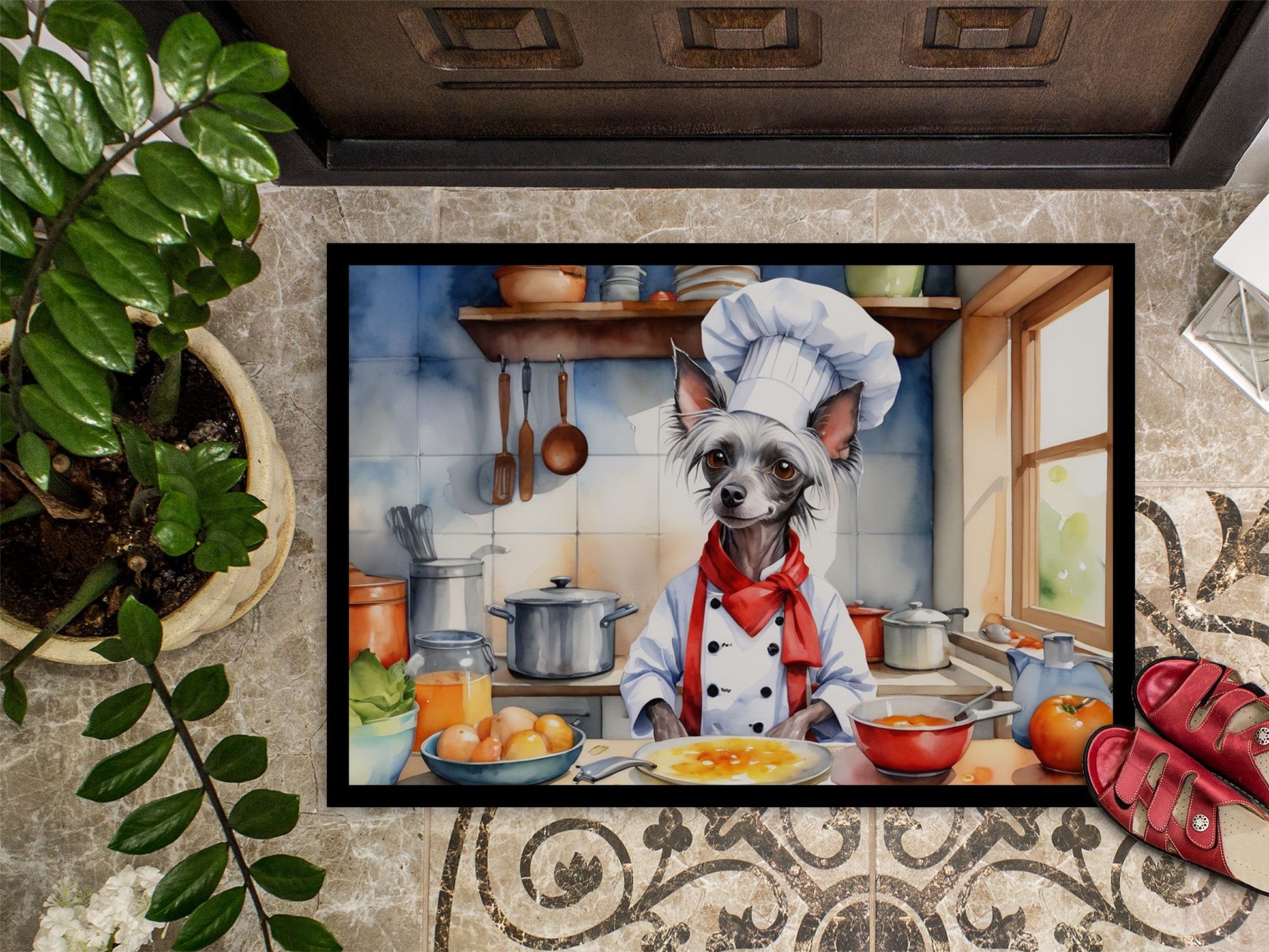 Chinese Crested The Chef Doormat Front Door Mat Indoor Outdoor Rugs for Entryway, Non Slip Washable Low Pile, 24H X 36W