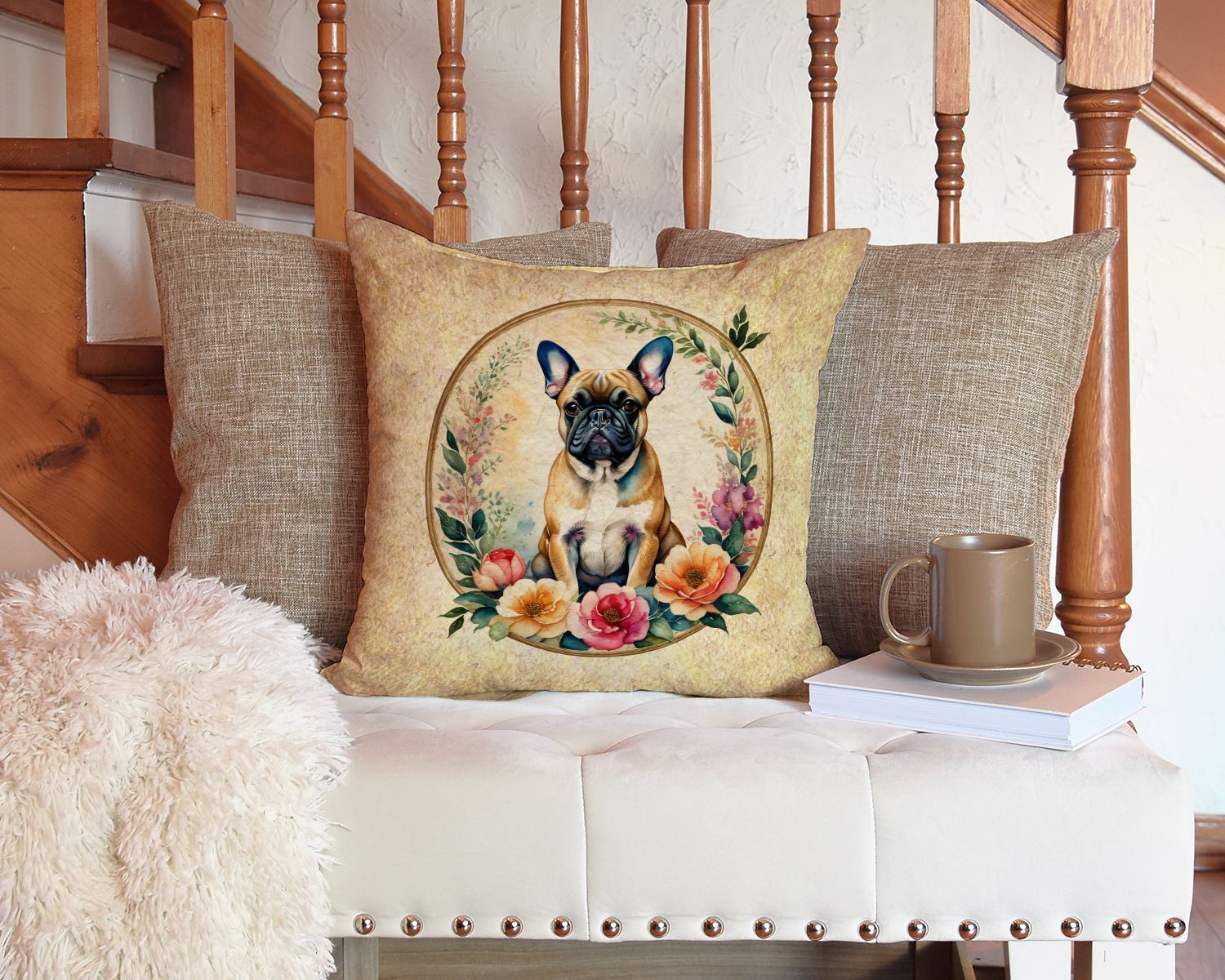 Fawn French Bulldog and Flowers Throw Pillow Machine Washable, Indoor Outdoor Decorative Pillow for Couch, Bed or Patio, 14Hx14W