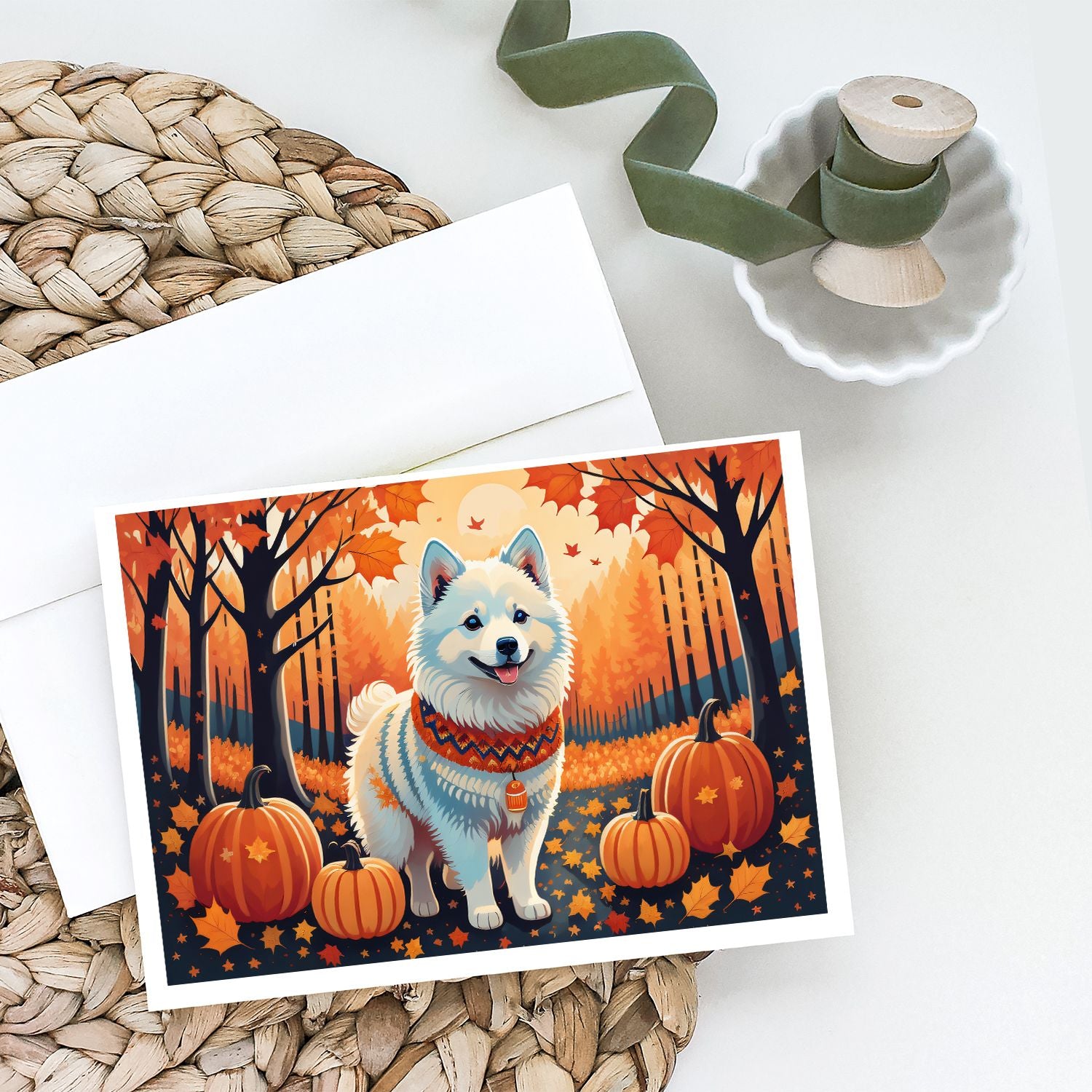 American Eskimo Fall Greeting Cards Pack of 8 Blank Cards with Envelopes Whimsical A7 Size 5x7 Blank Note Cards