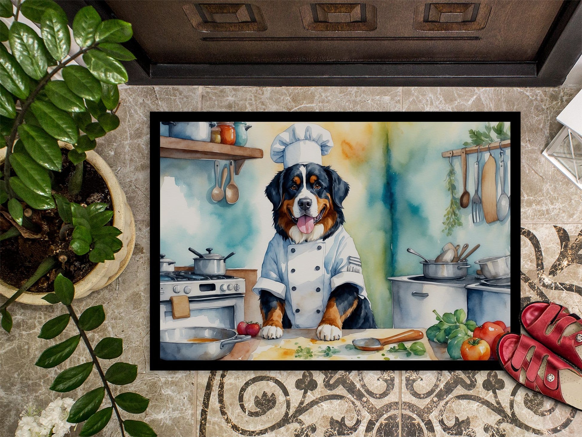 Bernese Mountain Dog The Chef Doormat Front Door Mat Indoor Outdoor Rugs for Entryway, Non Slip Washable Low Pile, 24H X 36W