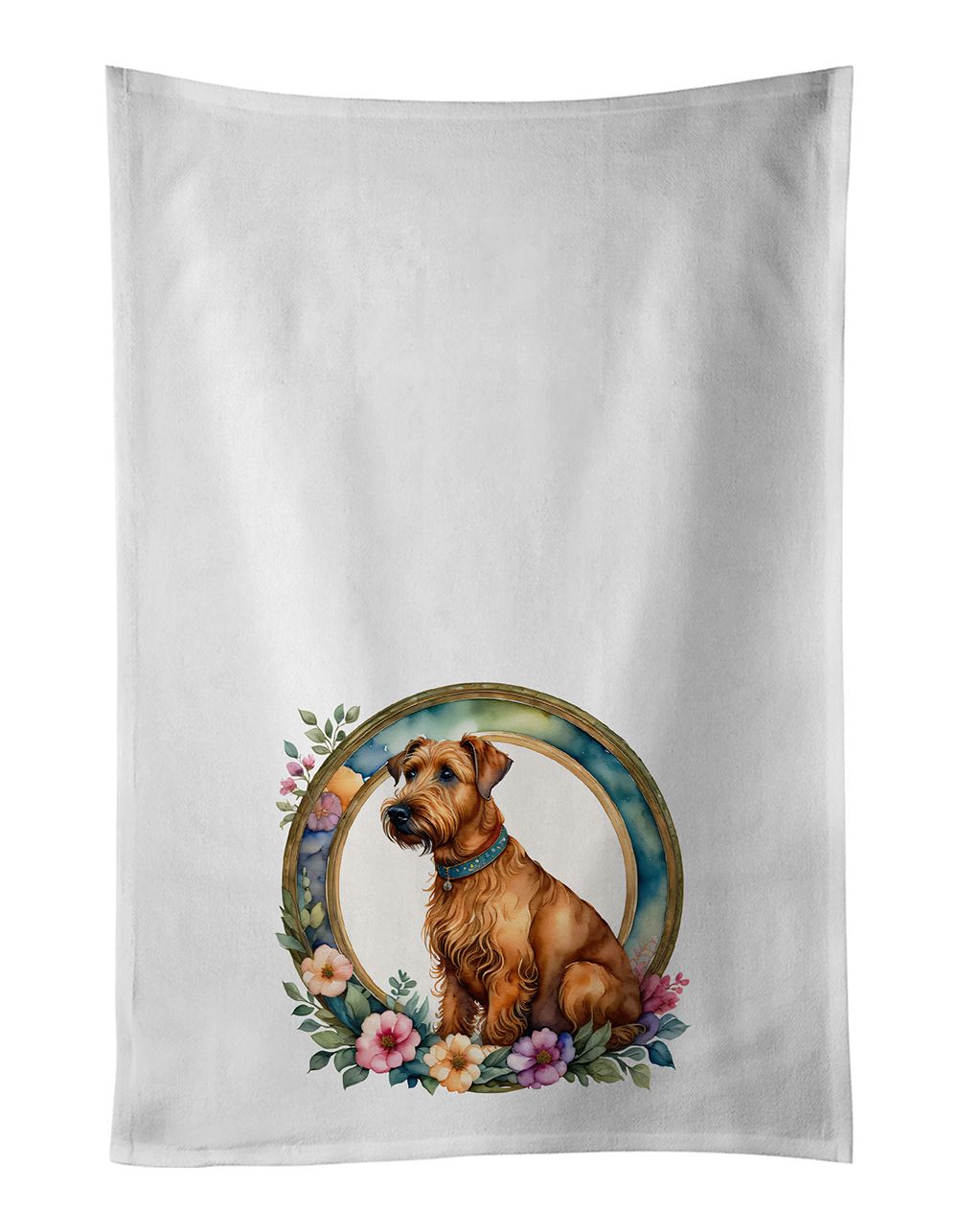 Irish Terrier and Flowers Kitchen Towel Set of 2 White Dish Towels Decorative Bathroom Hand towel for Hand, Face, Hair, Yoga, Tea, Dishcloth, 19 X 28", White
