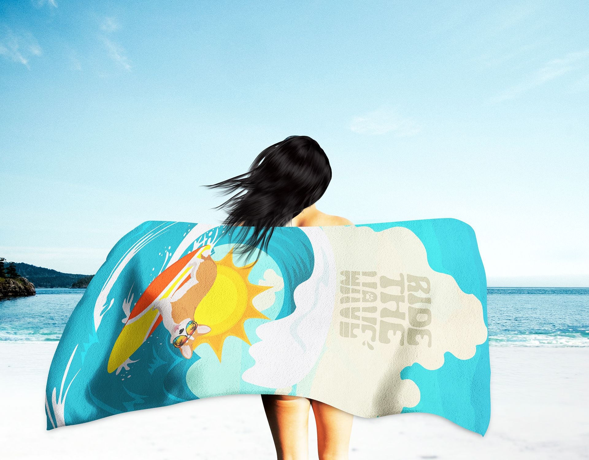 Surfer Dog Red Cardigan Corgi Premium Beach Towel Oversized Towel Beach Blanket, Pool, Beach Essentials, Yoga, Premium Bath Towel, Quick Dry Plush
