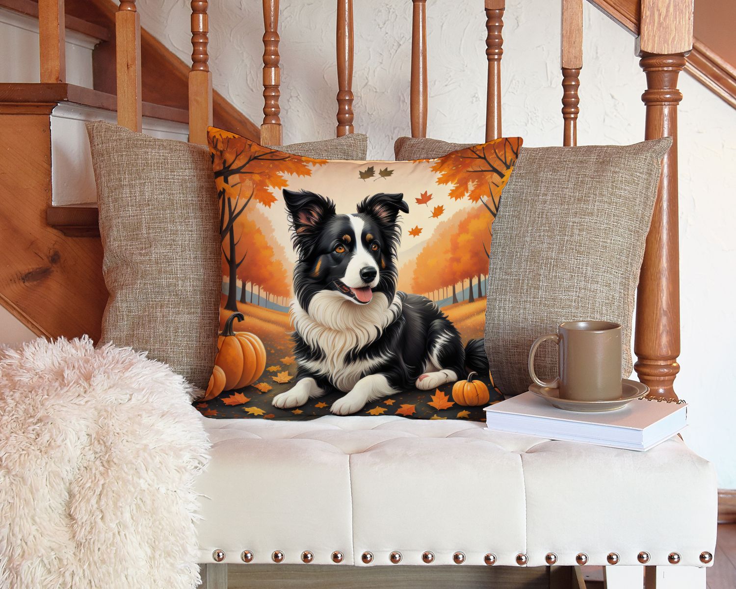 Border Collie Fall Throw Pillow Machine Washable, Indoor Outdoor Decorative Pillow for Couch, Bed or Patio, 14Hx14W