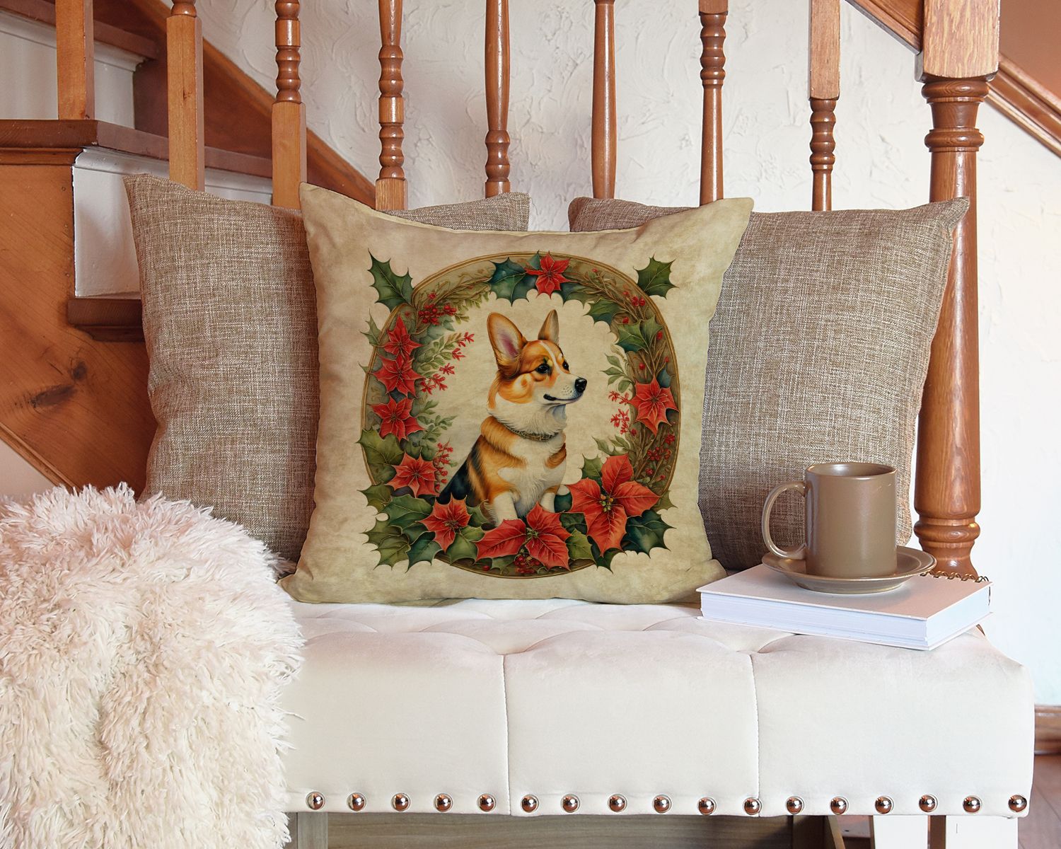 Corgi Christmas Flowers Throw Pillow Machine Washable, Indoor Outdoor Decorative Pillow for Couch, Bed or Patio, 14Hx14W