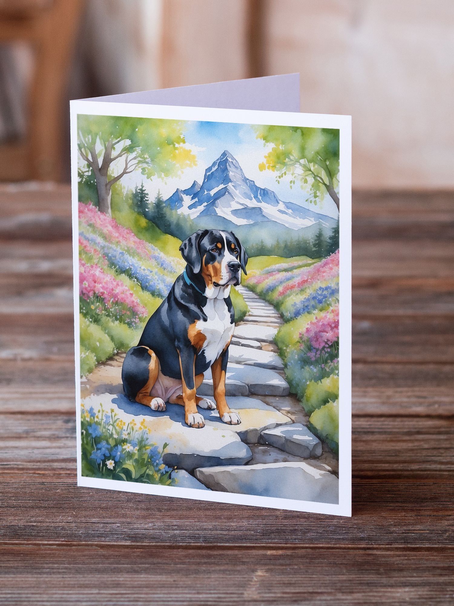 Greater Swiss Mountain Dog Spring Path Greeting Cards Pack of 8 Blank Cards with Envelopes Whimsical A7 Size 5x7 Blank Note Cards