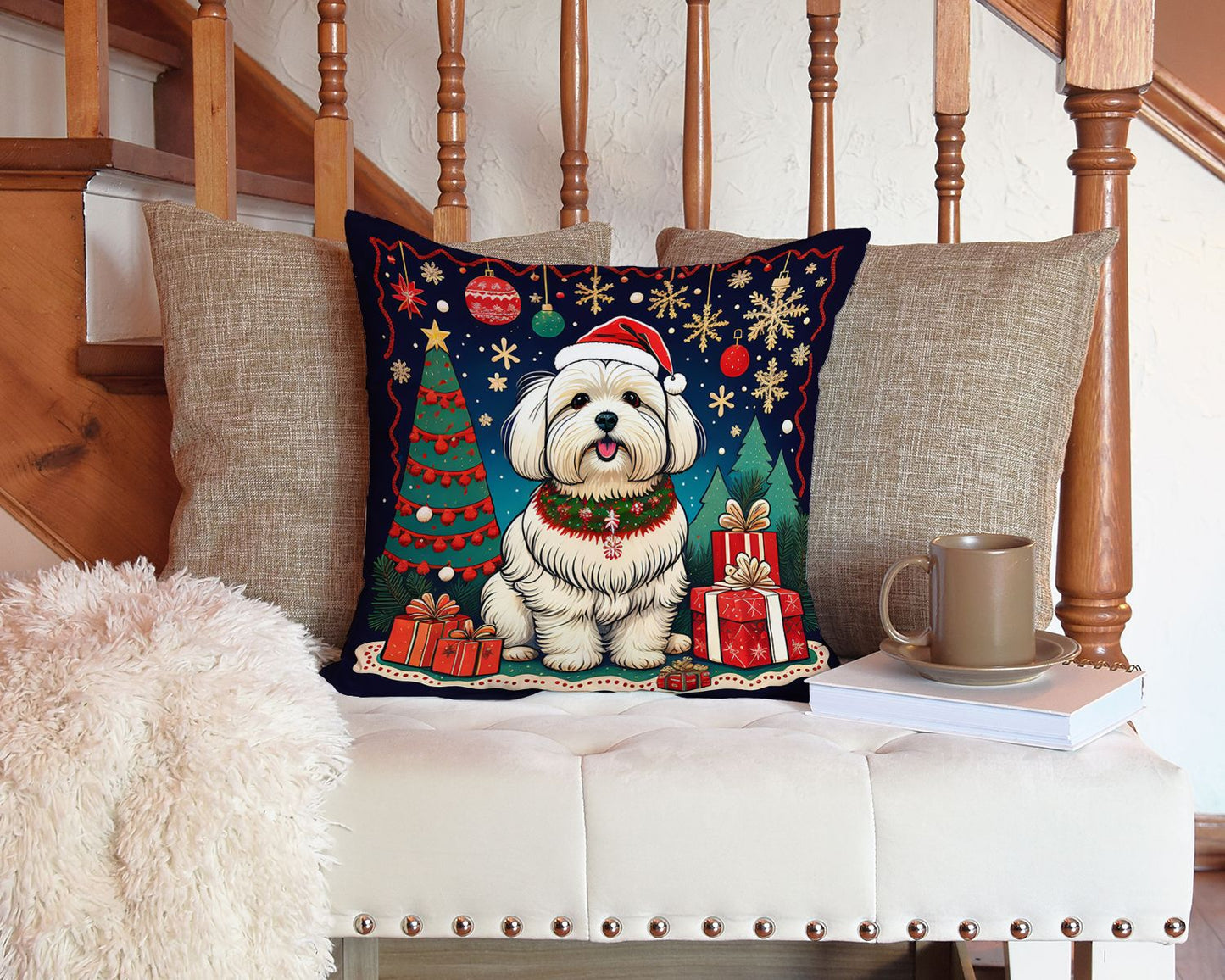 Coton De Tulear Christmas Throw Pillow Machine Washable, Indoor Outdoor Decorative Pillow for Couch, Bed or Patio, 14Hx14W