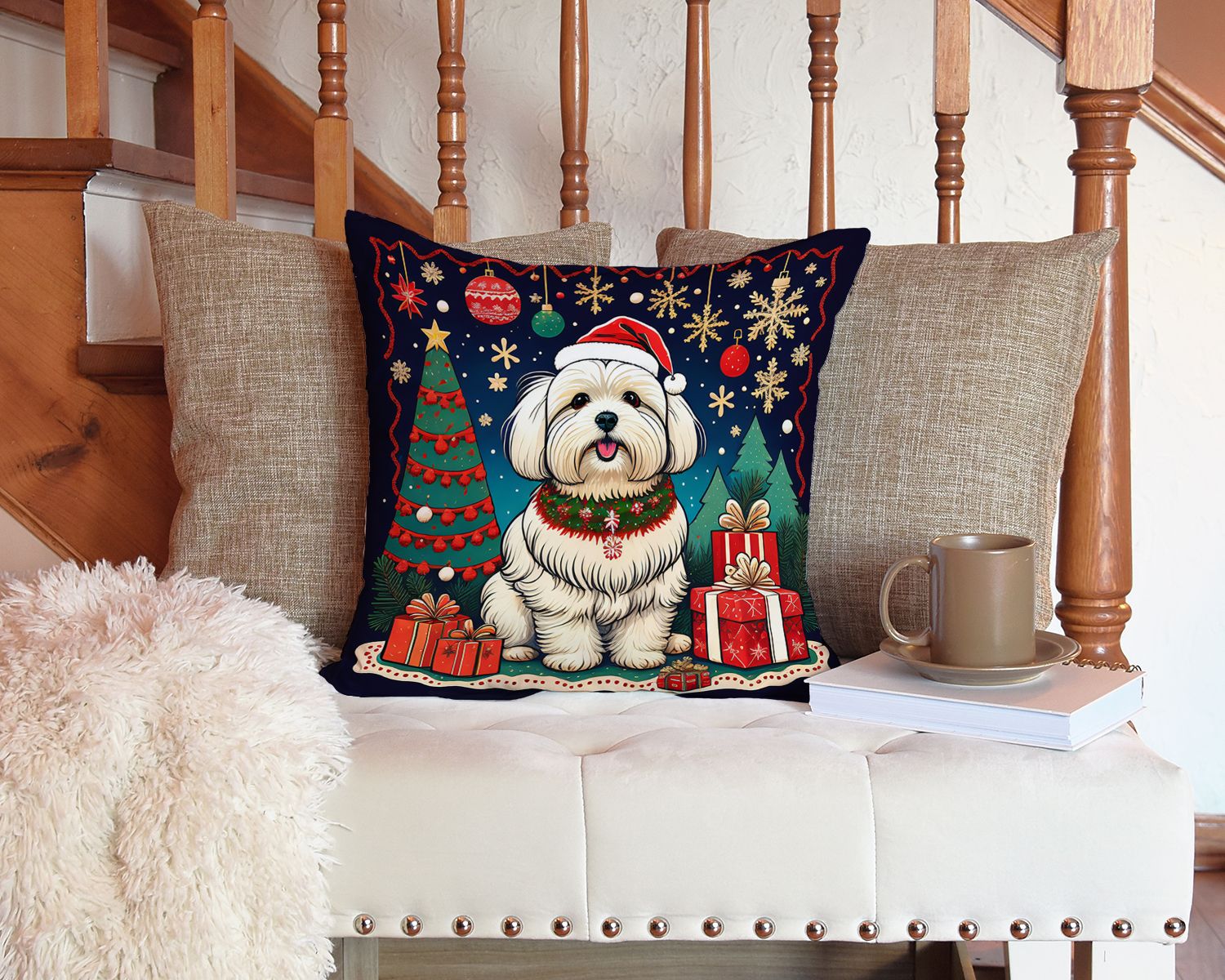 Coton De Tulear Christmas Throw Pillow Machine Washable, Indoor Outdoor Decorative Pillow for Couch, Bed or Patio, 14Hx14W