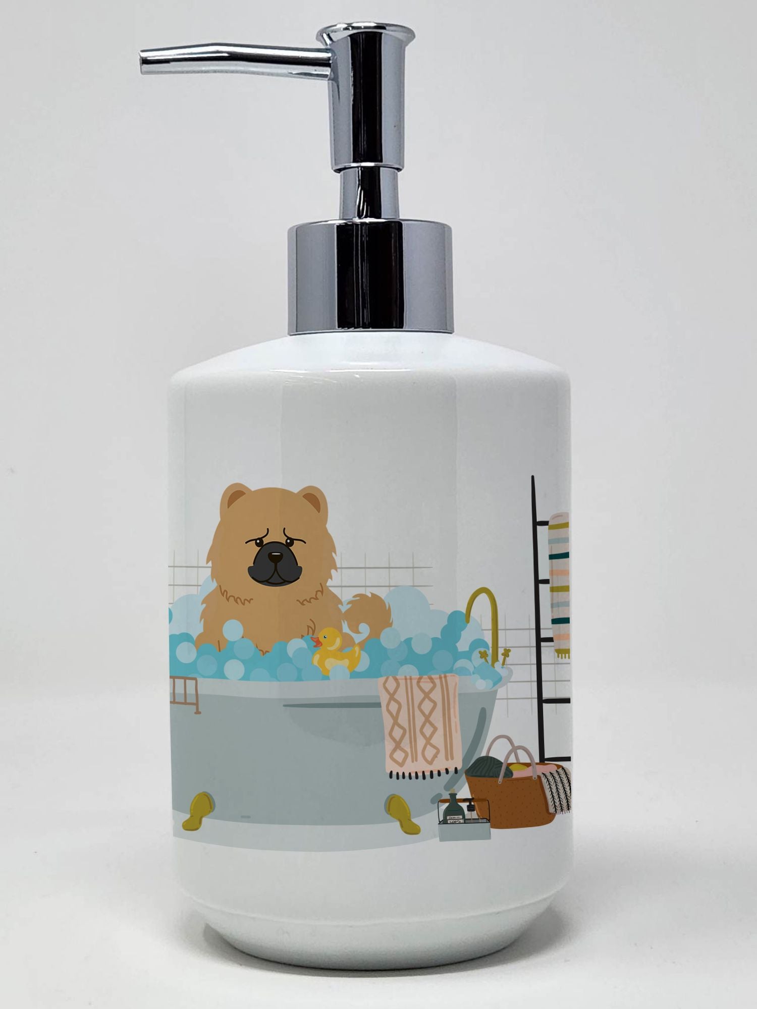 Cream Chow Chow in Bathtub Ceramic Soap Dispenser Hand Soap Dispenser Pump Bottles for Bathroom Kitchen, Empty Refillable Liquid Soap Container