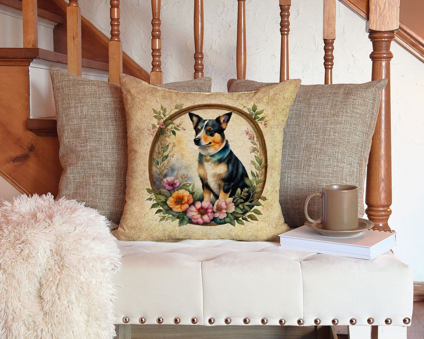 Lancashire Heeler and Flowers Throw Pillow Machine Washable, Indoor Outdoor Decorative Pillow for Couch, Bed or Patio, 14Hx14W