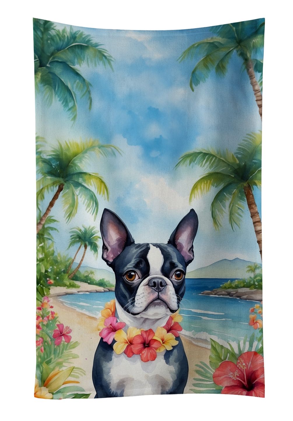 Boston Terrier Luau Kitchen Towel Dish Cloths Guest Hand Towel Decorative Bathroom Towel for Face,Tea, Dishcloth, Kitchen and Bath