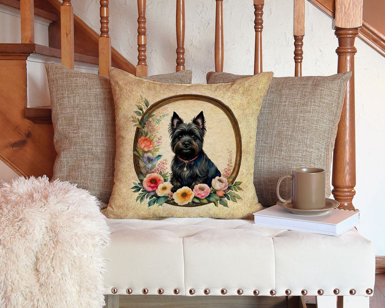 Cairn Terrier and Flowers Throw Pillow Machine Washable, Indoor Outdoor Decorative Pillow for Couch, Bed or Patio, 14Hx14W